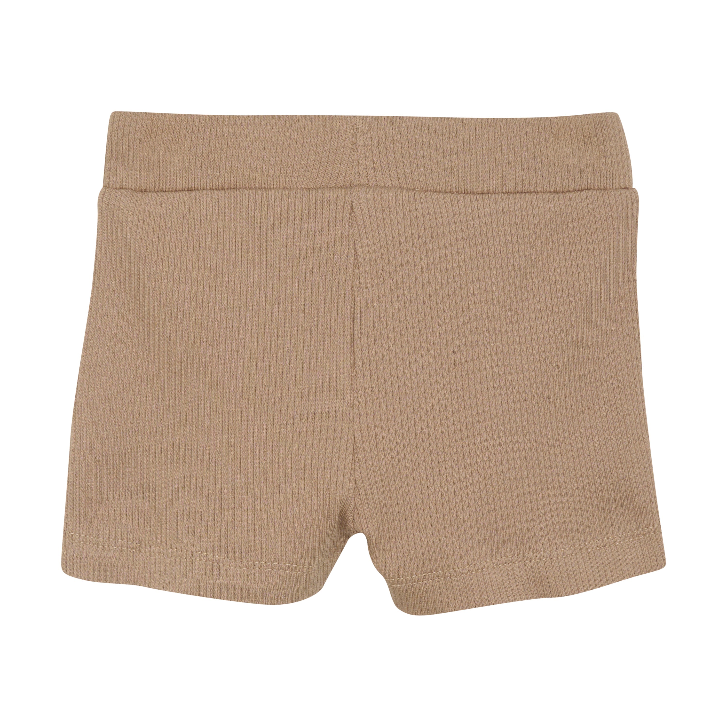 Abgebildet ist ein Paar beigefarbene Minymo - Kurze Hosen aus Ripp-Stoff im Rippenmuster. Die Shorts sind aus TENCEL™ Modal-Fasern gefertigt, haben einen bequemen elastischen Bund und einen schlichten, minimalistischen Look, perfekt für die Freizeit.