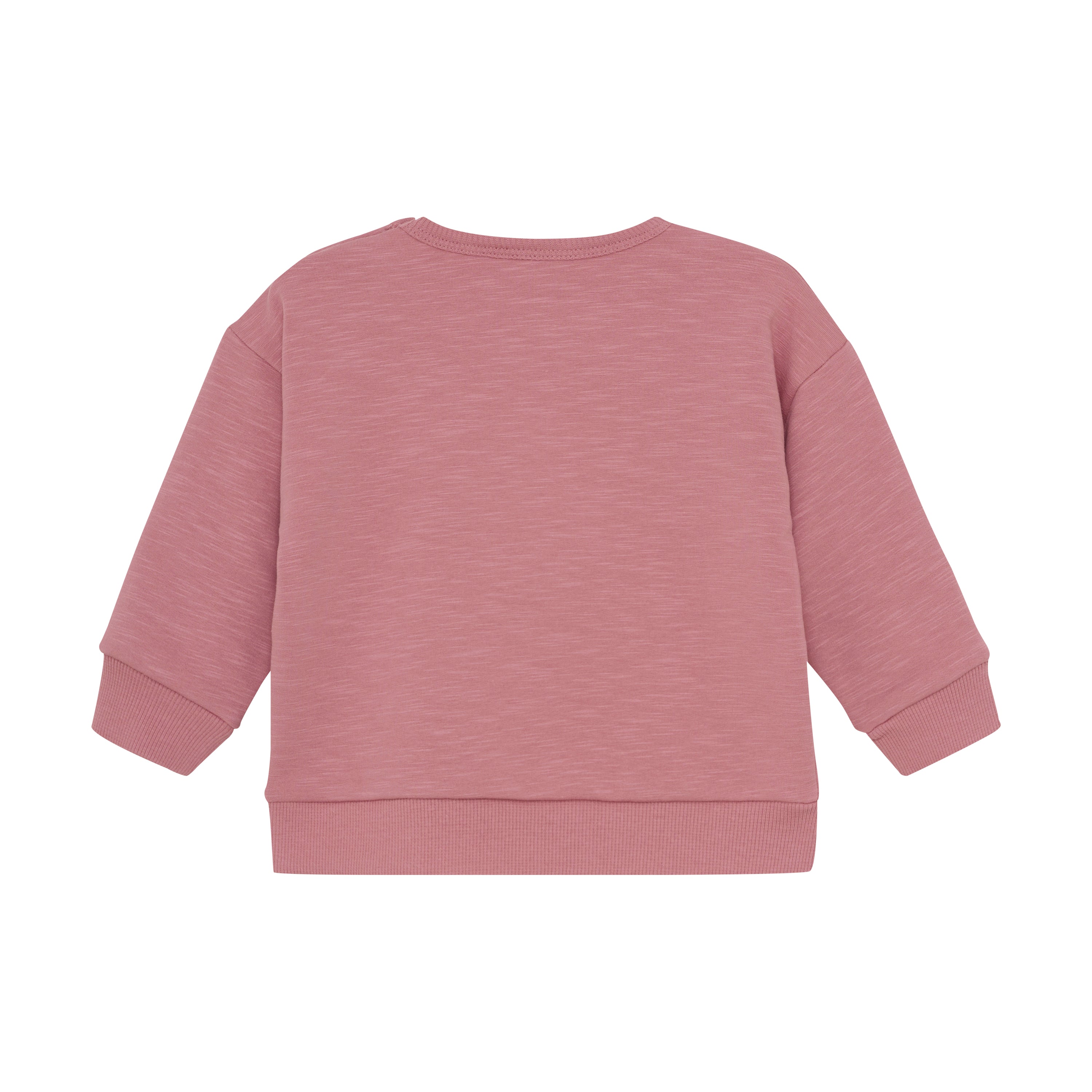 Der Minymo - Pullover von Minymo ist von hinten abgebildet. Dieses rosa, langärmelige Sweatshirt aus einer Bio-Baumwollmischung hat einen gerippten Kragen, Bündchen und Saum. Es bietet eine entspannte Passform ohne sichtbares Design oder Verzierung.