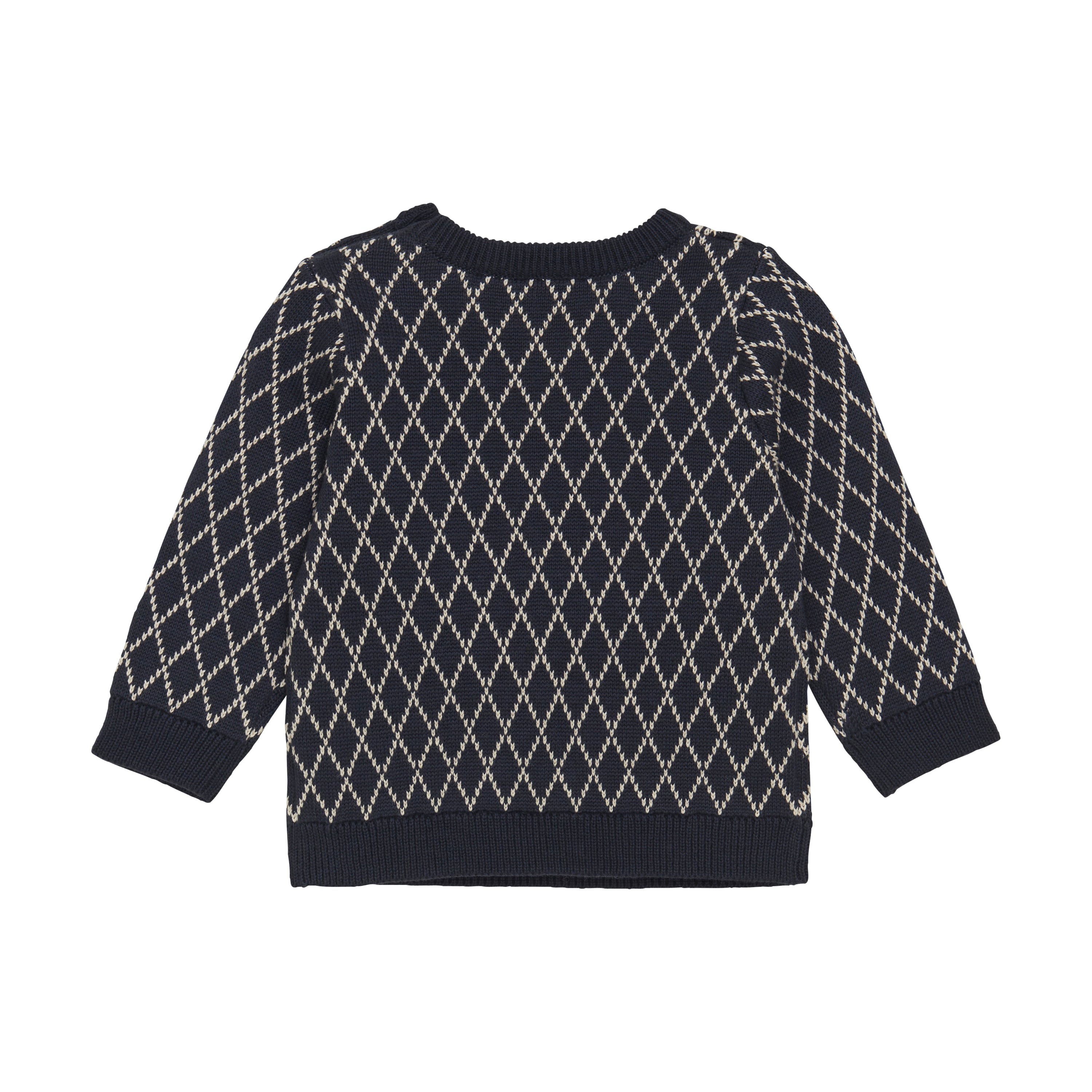 Der Minymo - Pullover von Minymo ist ein schwarzes Sweatshirt, das mit einem kreuz und quer verlaufenden weißen Rautenmuster verziert ist. Er hat lange Ärmel und einen Rundhalsausschnitt, ist aus Bio-Baumwolle gefertigt und hebt sich von einem schlichten weißen Hintergrund ab.