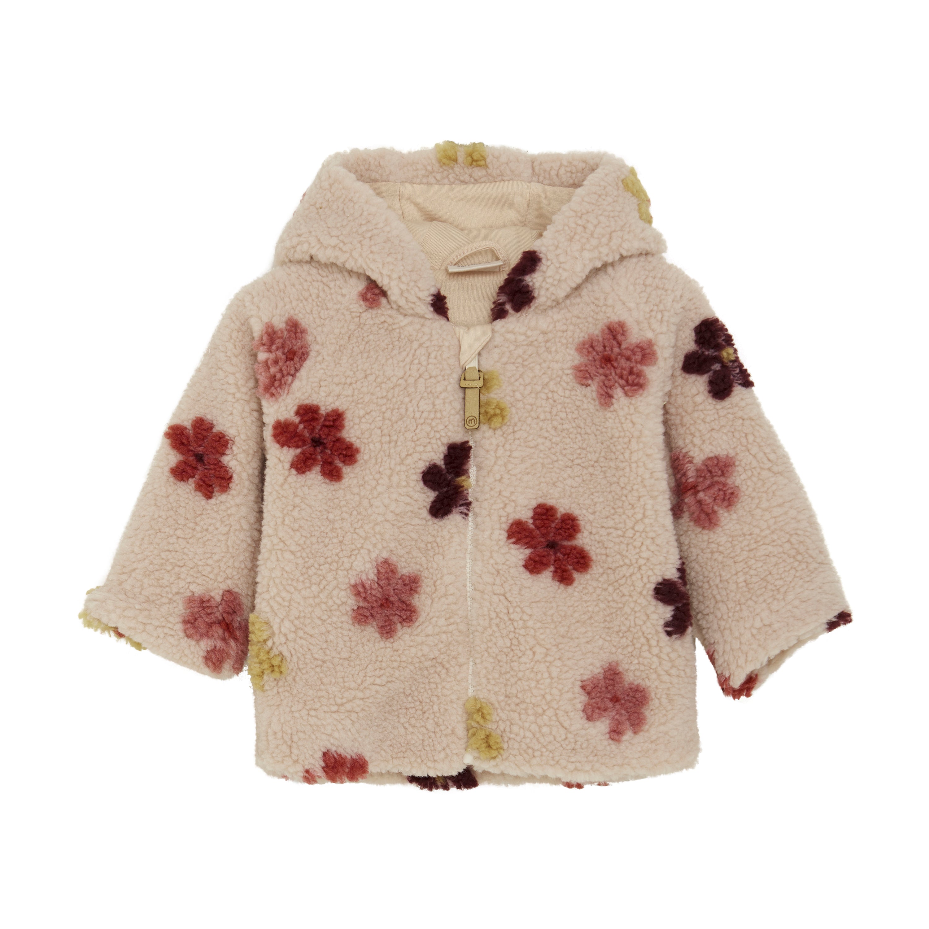 Eine gemütliche cremefarbene Minymo - Jacke für Kleinkinder der Marke Minymo mit weicher, flauschiger Textur und Kapuze. Sie ist mit roten, rosa und gelben Blumenmustern verziert und hat einen praktischen Reißverschluss auf der Vorderseite.