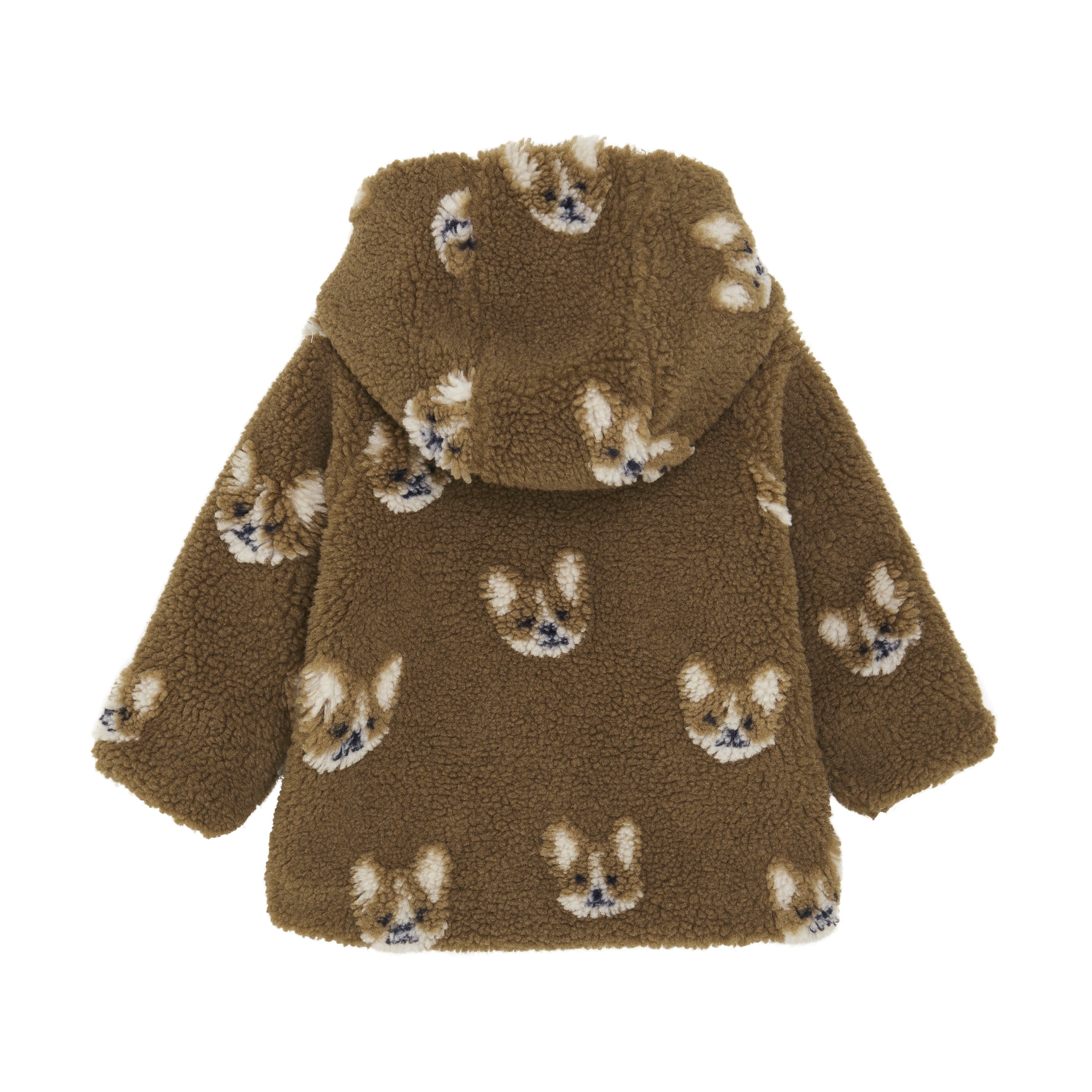 Eine gemütliche, braune Fleece-Kapuzenjacke von Minymo für Kinder, mit einem Muster aus süßen Hundegesichtern. Diese Minymo-Jacke sieht warm und weich aus, ideal für kühles Wetter. Auf dem Bild ist die Rückseite der Jacke zu sehen.