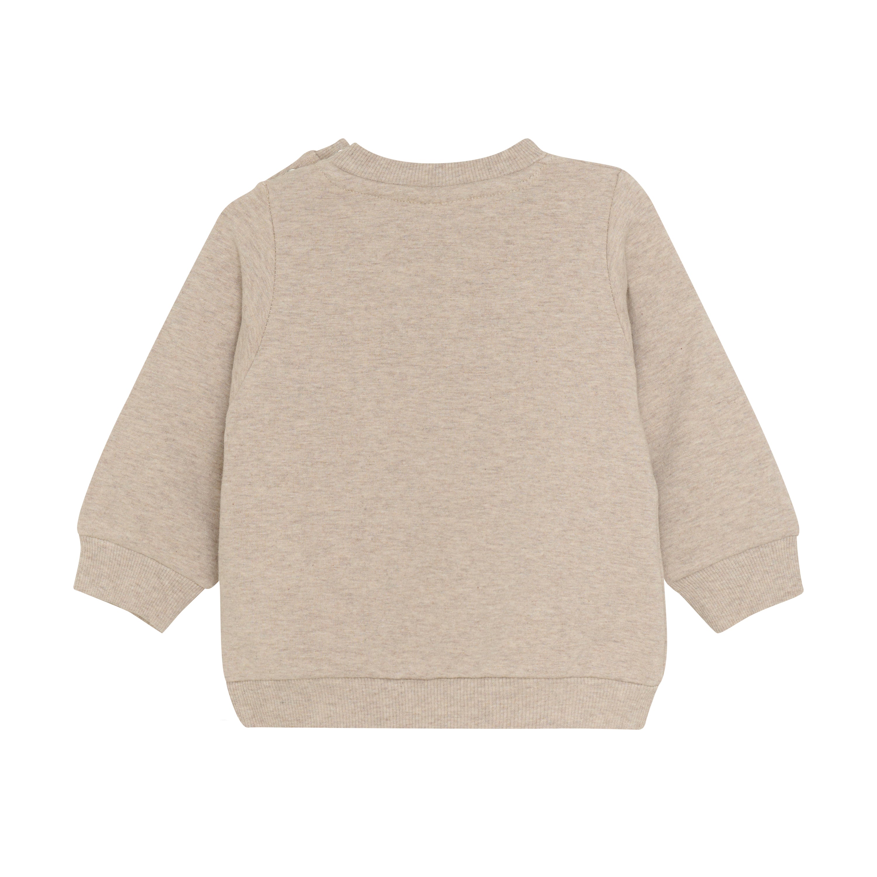 Eine Rückansicht des beigen Pullovers von Minymo. Dieses langärmelige Baby-Sweatshirt hat ein schlichtes, schnörkelloses Design mit Rundhalsausschnitt und gerippten Bündchen. Der Stoff wirkt weich und angenehm und ist daher für Babys geeignet.