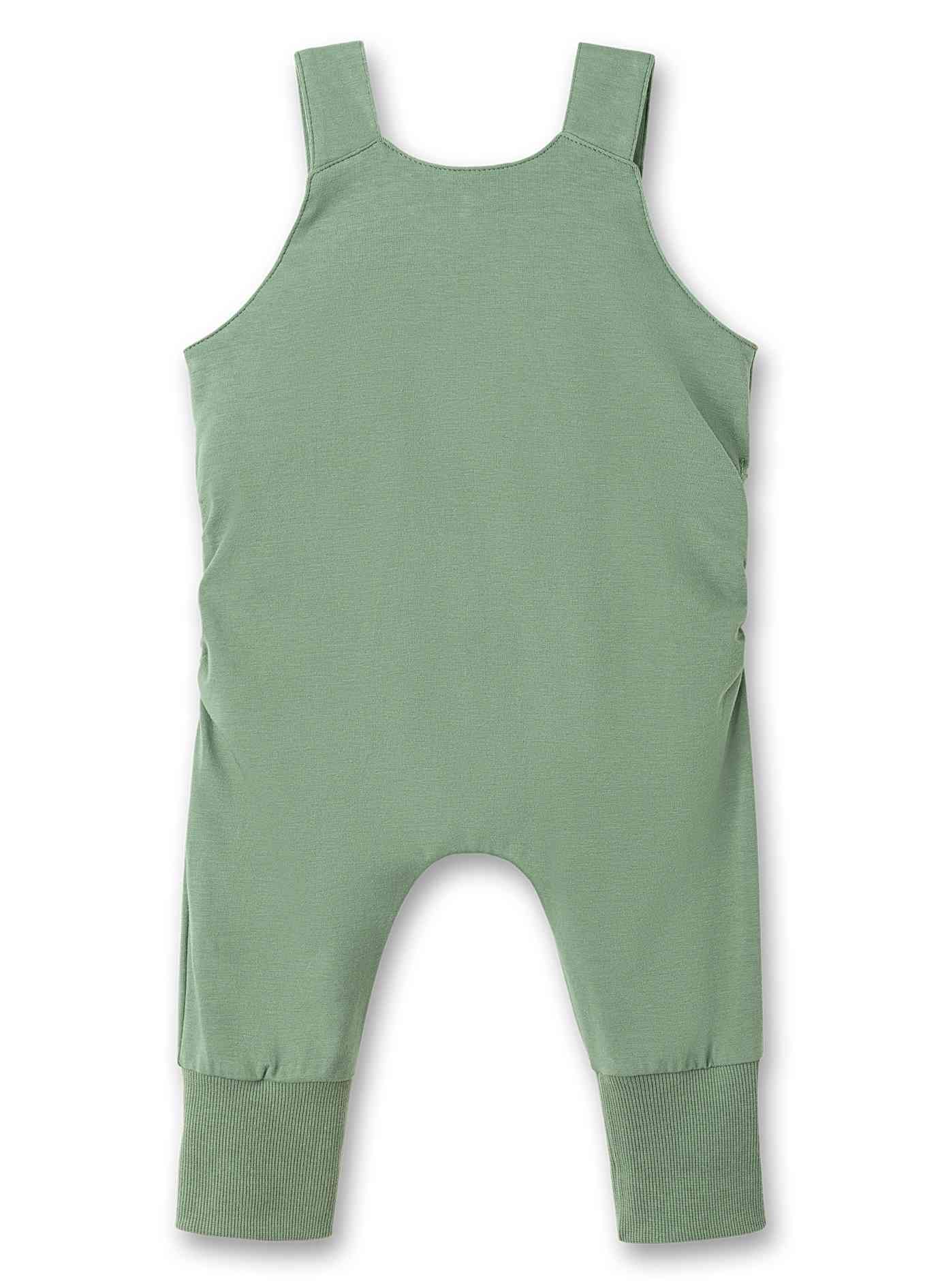 Ein hellgrüner, ärmelloser Baby-Strampler mit Rippbündchen an den Knöcheln. Der Sanetta - Strampler/Overall hat breite Schulterträger und ist aus weichem, GOTS-zertifiziertem Stoff, geeignet für Kleinkinder. Auf dem Kleidungsstück sind keine sichtbaren Muster oder Designs zu sehen.