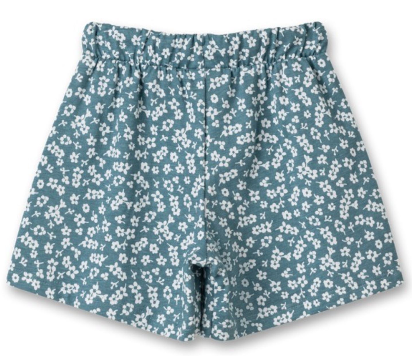 Wir präsentieren die Sanetta-Hose: ein Paar blaue Shorts mit einem zarten weißen Blumenmuster und praktischen Vordertaschen. Diese Shorts aus weicher Bio-Baumwolle verfügen über einen elastischen Bund und bieten eine lockere, bequeme Passform. Präsentiert von Sanetta.