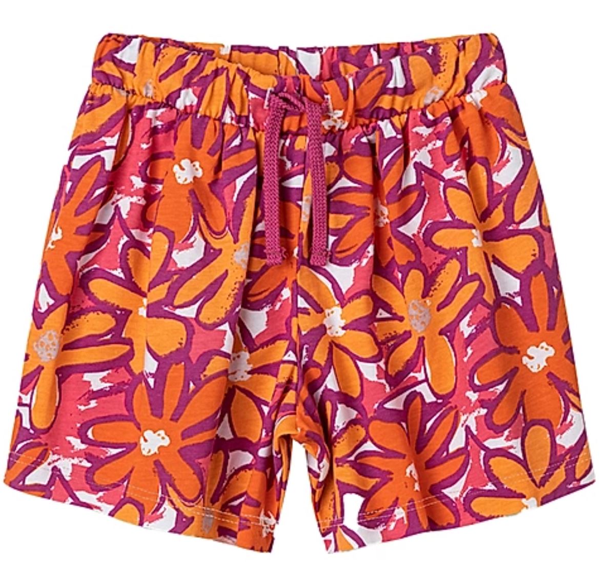 Die Sanetta - Hose für Kinder zeigt ein farbenfrohes Allover-Print-Blumenmuster in Orange-, Rosa- und Weißtönen. Diese Shorts aus Bio-Baumwolle von Sanetta haben einen elastischen Bund und einen Kordelzug für eine verstellbare Passform.