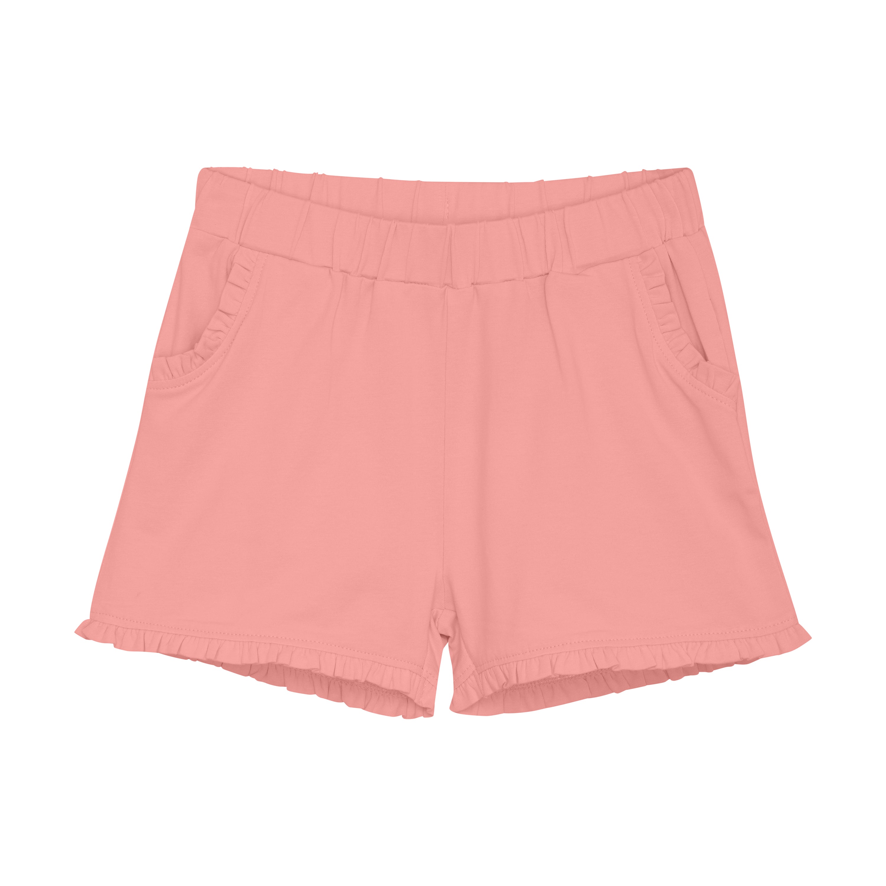 Die Minymo - Kurze Hosen sind ein Paar rosa Shorts mit elastischem Bund und zwei Vordertaschen. Diese Shorts aus Baumwollmischung von Minymo sind mit kleinen Rüschen an den Taschen und am Saum verziert. Sie sind weich und bieten einen bequemen, lässigen Stil.