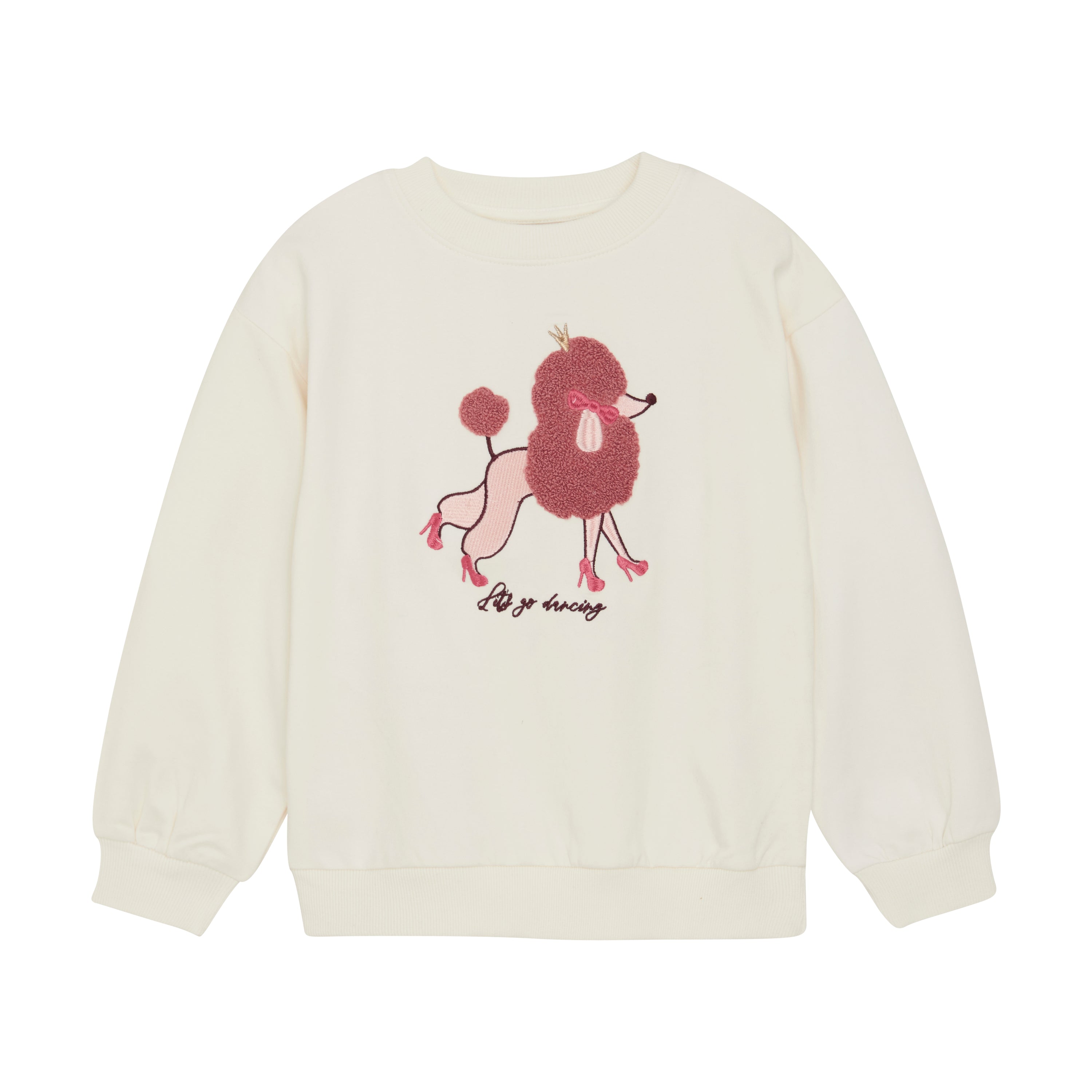 Der Minymo Pullover von Minymo ist ein cremefarbenes Sweatshirt, das mit einem strukturierten, gestickten Hundeprint eines rosa Pudels verziert ist, der eine Krone trägt und an einer Leine stolziert. Unter dem Bild sind die Worte „Dog Shaggy“ gestickt. Er ist aus Baumwollmischung gefertigt und hat einen Rundhalsausschnitt und lange Ärmel.