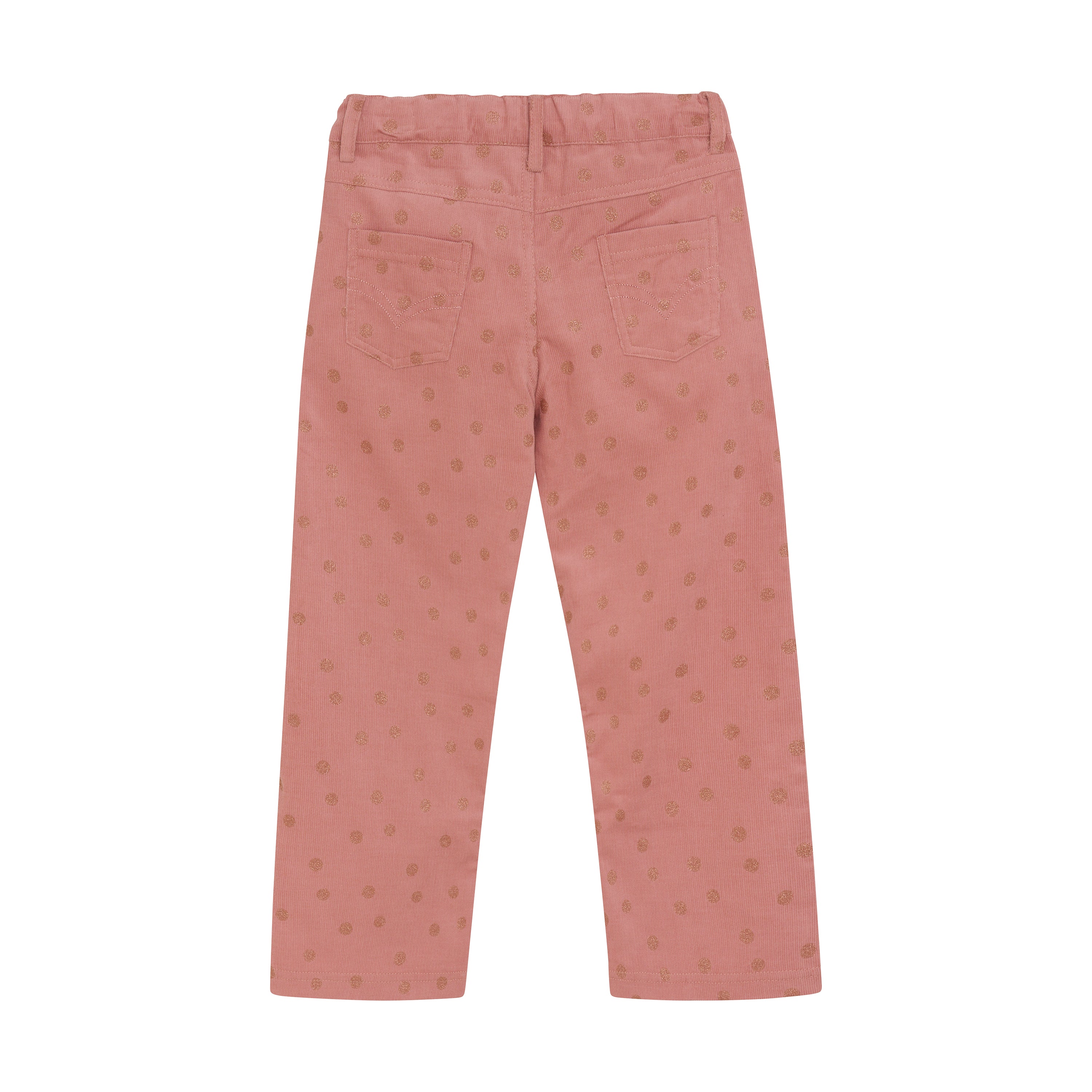 Eine Minymo-Hose für Kinder mit geradem Bein und kleinen braunen Punkten in Rosa. Diese Minymo-Hosen sind aus einem bequemen Baumwollmischgewebe gefertigt und haben einen elastischen Bund, zwei Gesäßtaschen und Gürtelschlaufen. Sie werden flach mit der Rückseite nach oben gelegt.