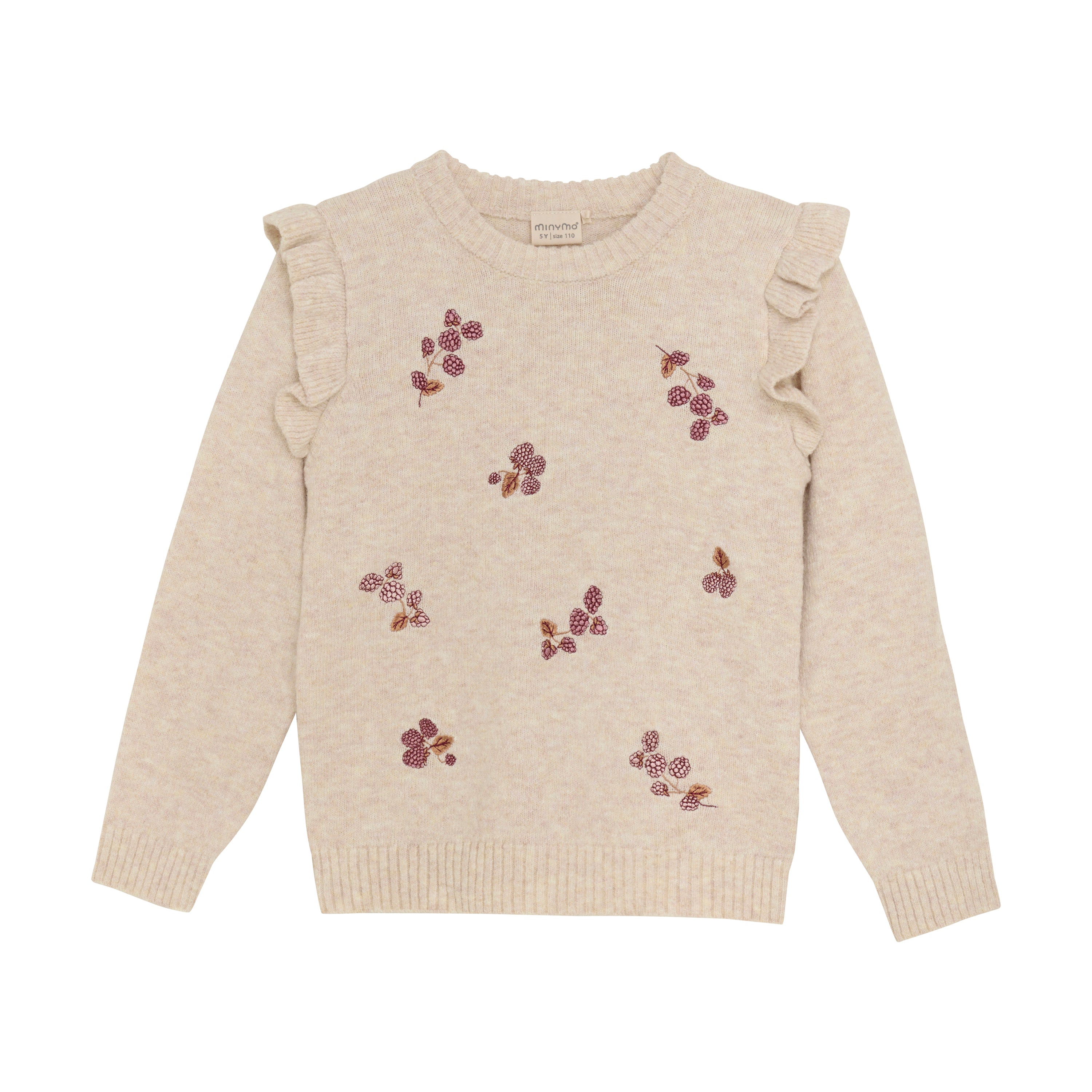 Der Minymo - Pullover (Kopie) von Minymo ist ein beigefarbener Kinderpullover mit gerüschtem Schulterbereich und gestickten Blumenmustern in Rosa- und Lilatönen. Dieser GOTS-zertifizierte Pullover hat gerippte Bündchen und Saum sowie ein einfaches Etikett am Ausschnitt.