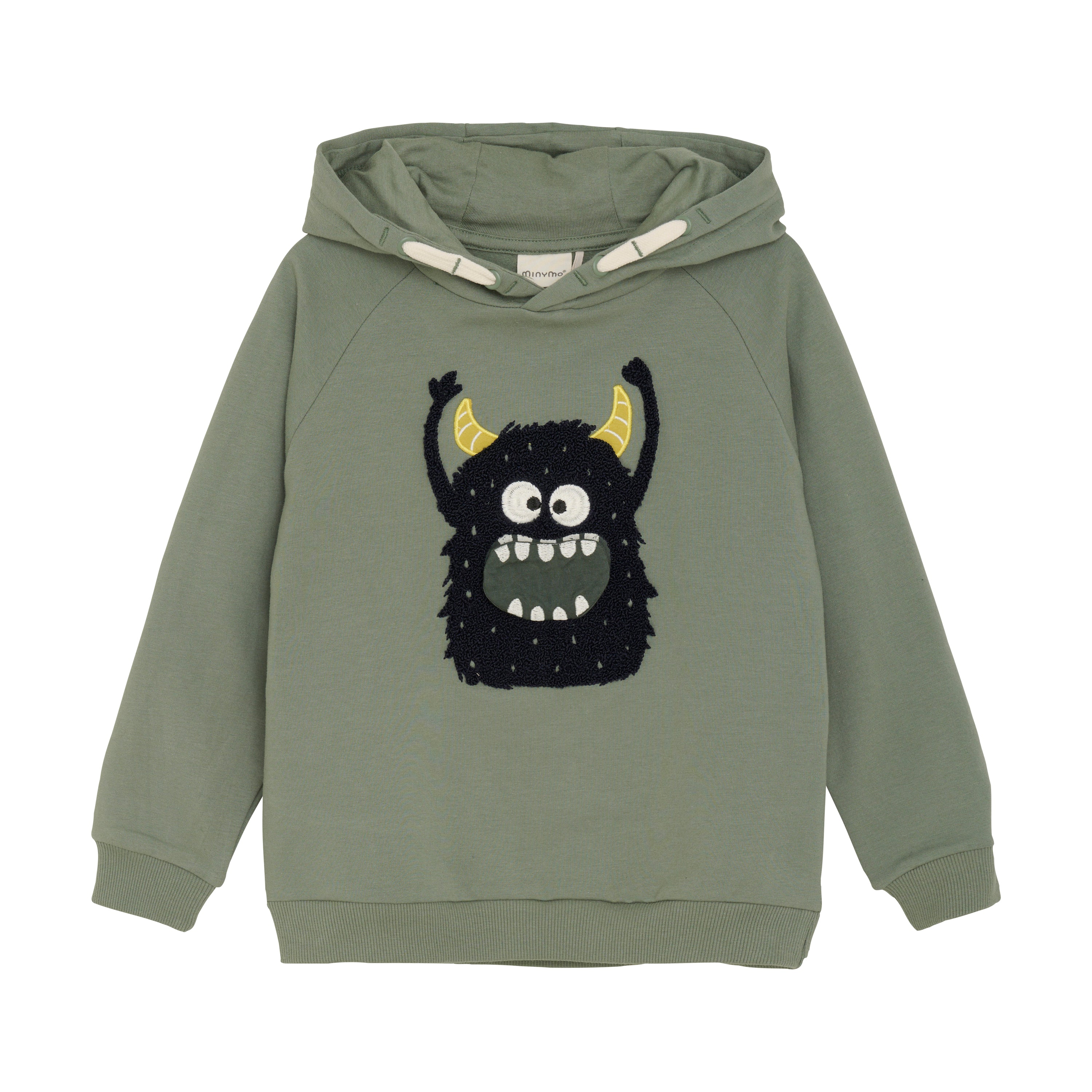 Der Minymo Pullover, ein grüner Kapuzenpullover der Marke Minymo, ist aus einer weichen Baumwollmischung gefertigt. Er zeigt ein verspieltes schwarzes Monster mit gelben Hörnern, großen runden Augen und einem breiten Lächeln mit scharfen Zähnen. Der Kapuzenpullover hat außerdem eine Vordertasche und eine Kapuze mit Kordelzug.