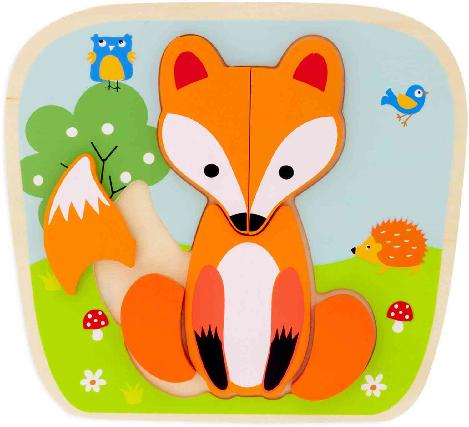 Das bezaubernde Ulysse Couleurs d'Enfance - Puzzle Fuchs ist ein 8-teiliges Holzpuzzle mit einem entzückenden Fuchs ohne Schwanz, der vor einem Baum sitzt. Um den Fuchs herum sind ein kleiner Igel und drei bunte Vögel, von denen einer auf dem Baum sitzt. Der Hintergrund ist mit Pilzen, Gras und Blumen in unterschiedlichen Stärken geschmückt und sorgt für zusätzlichen Spaß von Ulysse Couleurs d'Enfance.