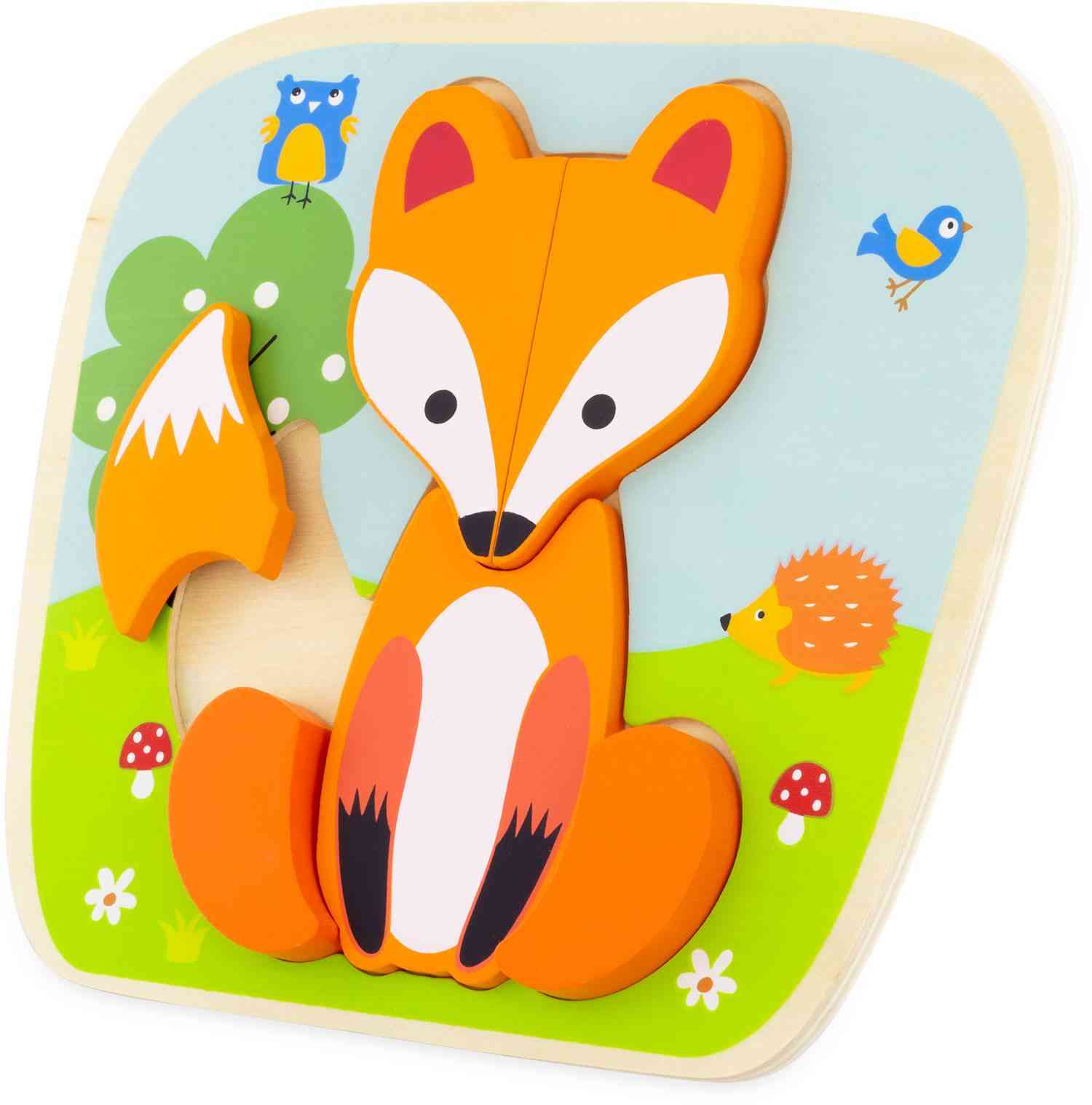 Das Ulysse Couleurs d'Enfance - Puzzle Fuchs ist ein farbenfrohes 8-teiliges Holzpuzzle mit einem Fuchs und herausnehmbaren Teilen. Im Hintergrund sind ein Baum, ein blauer Vogel, ein gelber Vogel und ein kleiner Igel sowie einige Giftpilze und Blumen zu sehen. Der Hauptfokus liegt auf dem leuchtend orangefarbenen Fuchs in der Mitte.