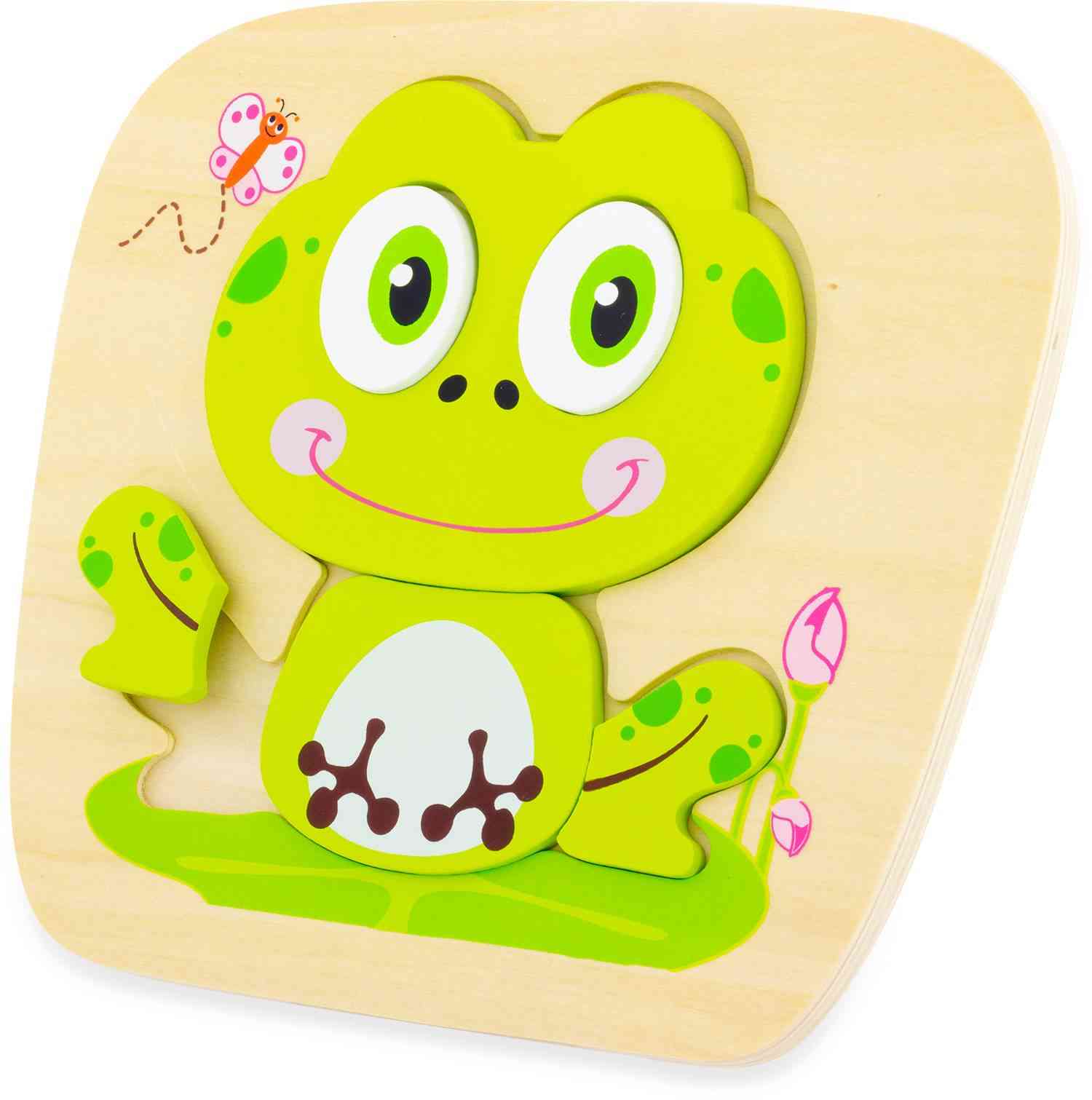 Ein Holzpuzzle mit einem fröhlichen grünen Frosch mit einem breiten Lächeln und Punkten auf dem Körper. Der Frosch ist von einem minimalistischen Hintergrund mit einem rosa Schmetterling und knospenden rosa Blumen umgeben, alles auf einem quadratischen Holzsockel. Dieses Ulysse Couleurs d'Enfance - Puzzle Frosch von Ulysse Couleurs d'Enfance ist perfekt für Spielsachen für Zweijährige.