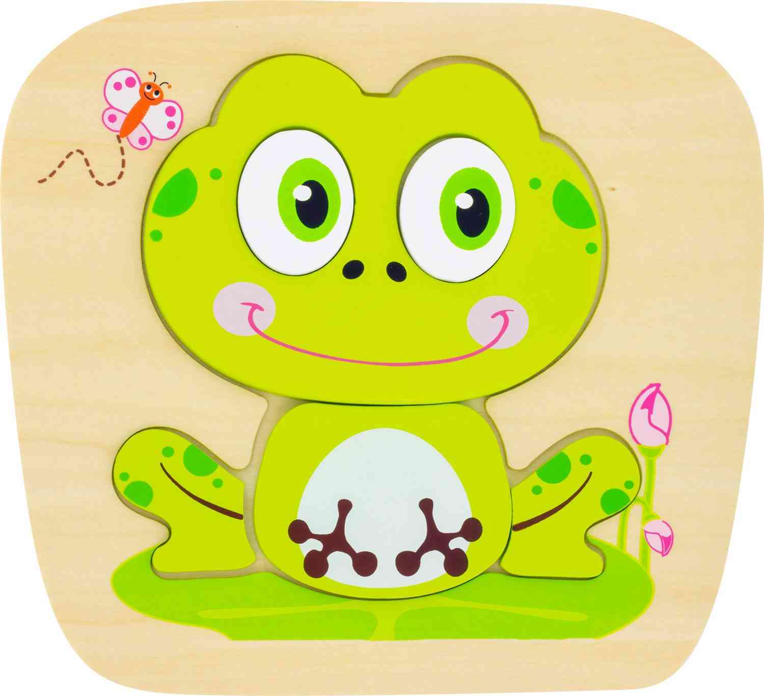 Ein farbenfrohes Kinderpuzzle aus Holz, ideal als pädagogisches Spielzeug ab 2, mit einem süßen, fröhlichen grünen Frosch mit großen Augen und rosa Wangen. Das Ulysse Couleurs d'Enfance - Puzzle Frosch von Ulysse Couleurs d'Enfance zeigt den Frosch auf einem Seerosenblatt sitzend mit einer rosa Blütenknospe in der Nähe. In der oberen linken Ecke schwebt ein kleiner Schmetterling mit Herzen auf den Flügeln.