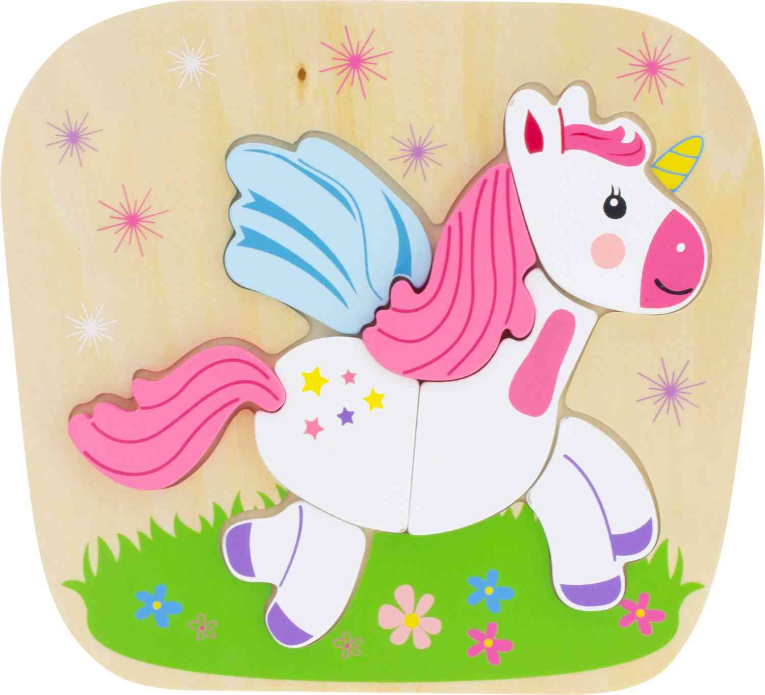 Das als pädagogisches Spielzeug ab 2 konzipierte Puzzle Einhorn von Ulysse Couleurs d'Enfance zeigt ein rosa-weißes Einhorn mit blauer Mähne und rosa Schweif, das auf grünem, mit Blumen geschmücktem Gras steht. Das Einhorn hat ein gelbes Horn und im Hintergrund funkeln glitzernde Sternendekorationen.