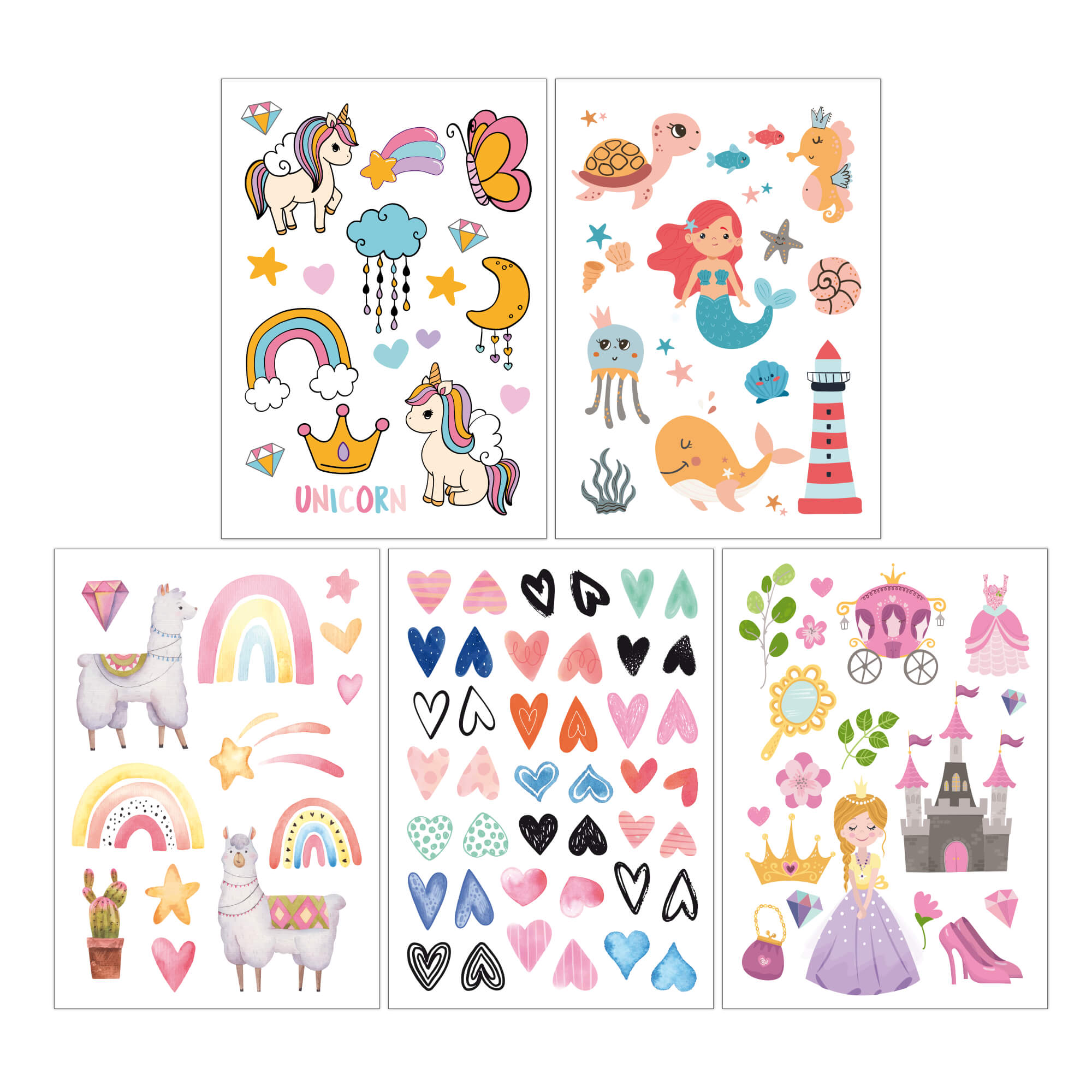 Ein Set aus fünf bunten Stickerbögen mit Abbildungen von Einhörnern, Meerjungfrauen, Lamas, Herzen und einer Prinzessin mit Schloss. Die Sticker enthalten außerdem Regenbögen, Sterne, Muscheln, eine Kutsche, Luftballons und verschiedene süße Dekoelemente. Diese malmichbunt - Kindertattoos: Fantasie von malmichbunt sind perfekt für jeden Anlass.