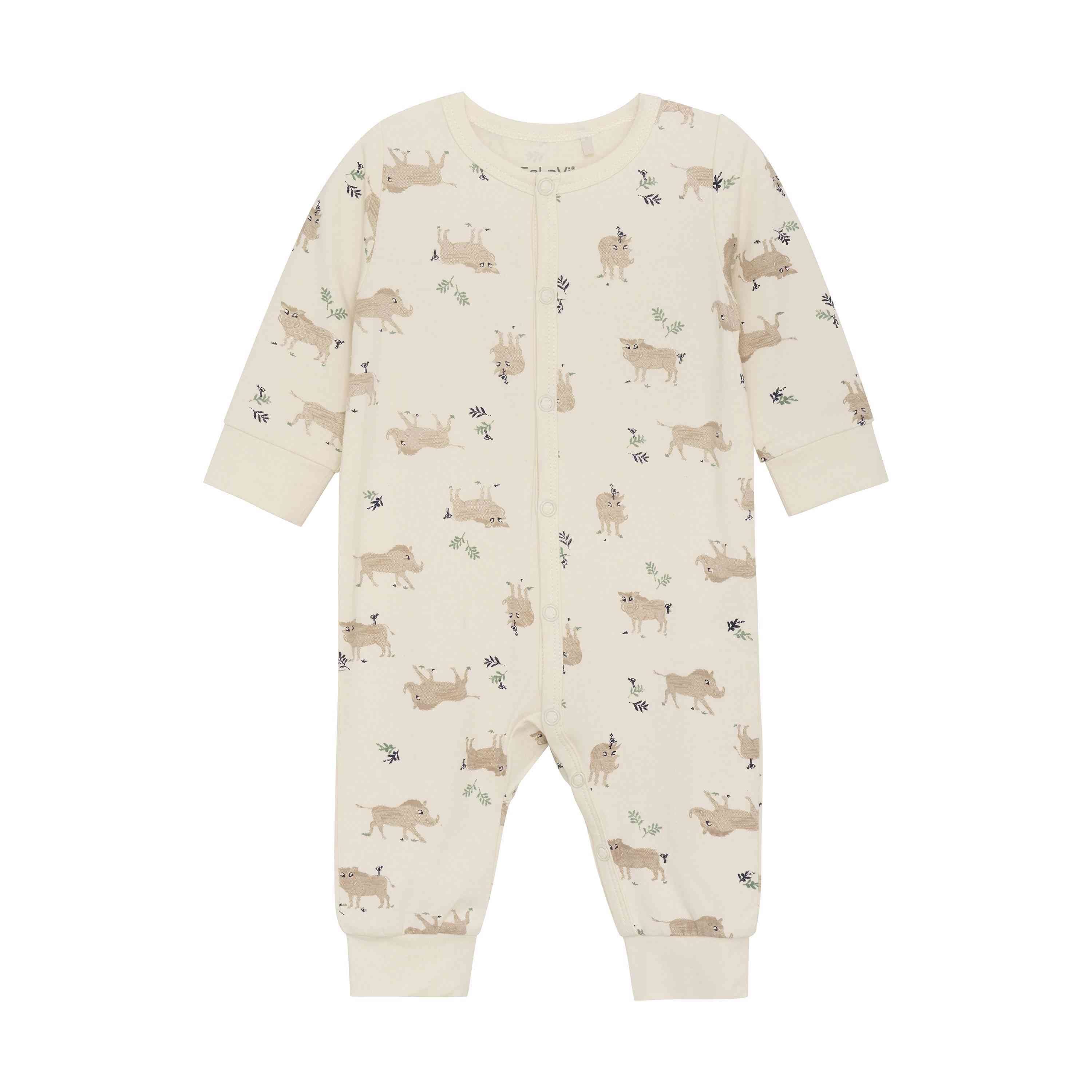 Ein cremefarbener langärmliger Baby-Overall von CeLaVi, genannt „Schlafstrampler langarm“, hat eine Druckknopfleiste vorne und ein entzückendes Hirsch- und Blumenmuster. Dieser fußlose Strampler aus einer Bio-Bambus/Wollmischung hat elastische Bündchen an den Handgelenken und Knöcheln für zusätzlichen Komfort.