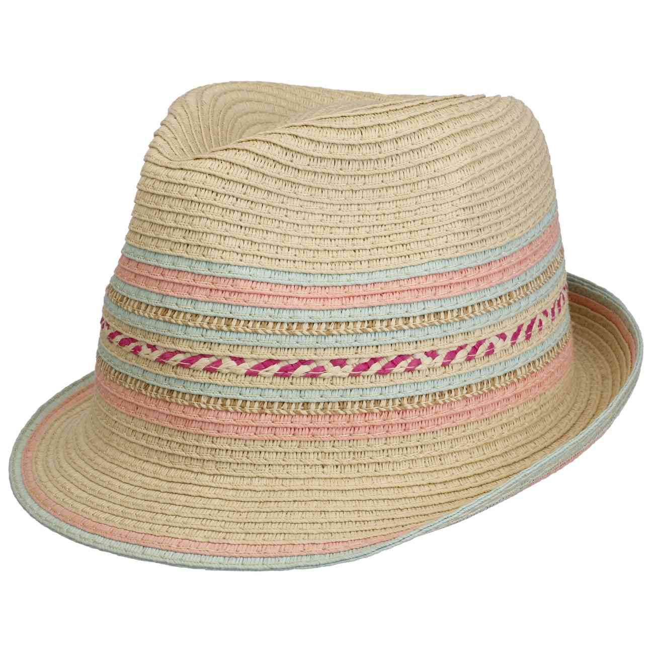 Ein Maximo - KIDS GIRL-Trilby mit kurzer, leicht nach oben gebogener Krempe. Der Hut hat eine Reihe farbenfroher, horizontaler Bänder in Pastelltönen von Blau, Rosa und Pfirsich sowie ein dekoratives rot-weißes Flechtdetail. Der von Maximo für Sonnenschutz entworfene Hut bietet UV-Schutz und ist dennoch stilvoll.