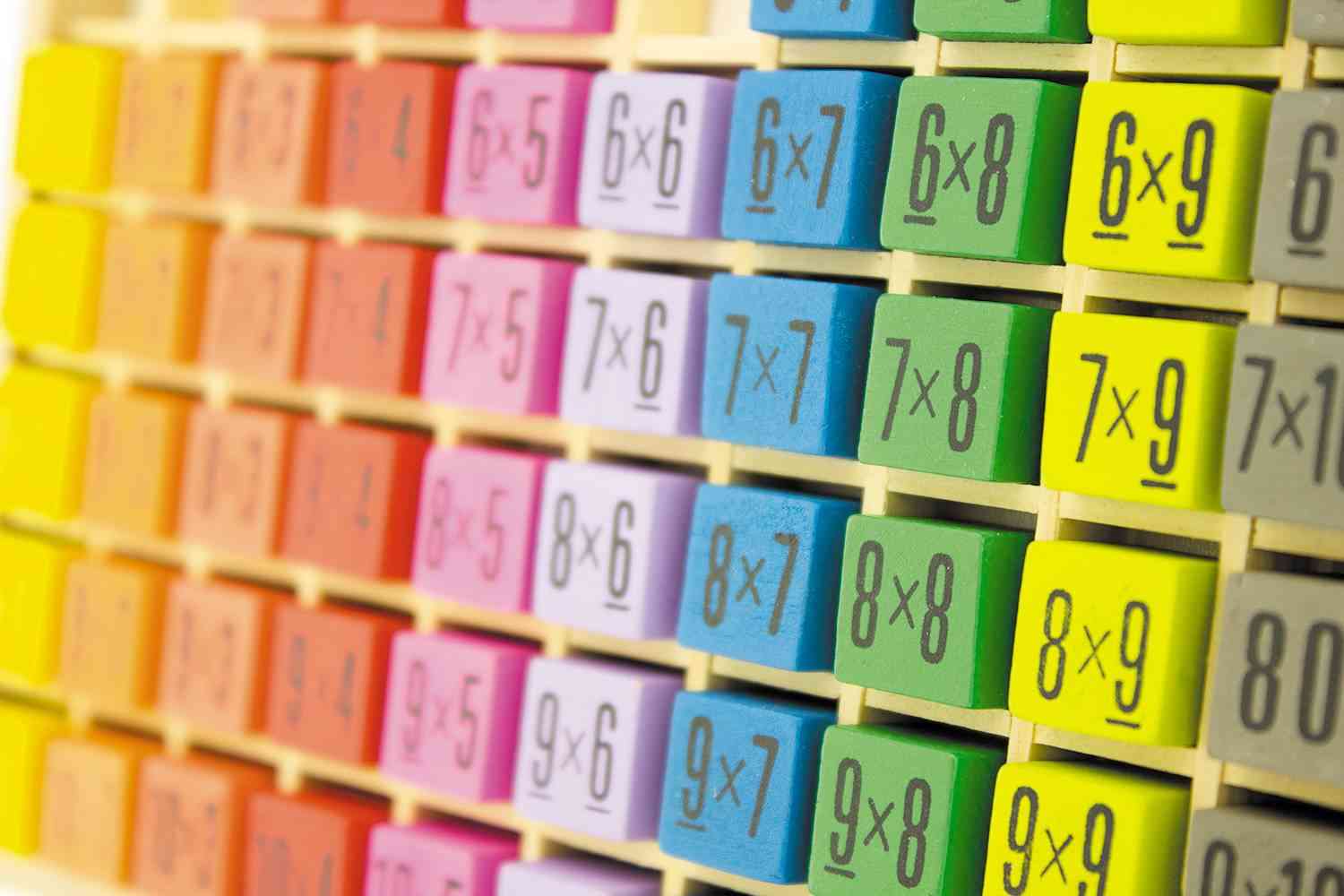 Bunte Blöcke in einem Raster zeigen Multiplikationstabellen, wobei jeder Block eine Multiplikationsgleichung von 6x9 bis 8x9 zeigt. Diese Ulysse Couleurs d'Enfance - Multiplikationstabelle von Ulysse Couleurs d'Enfance ist in Zeilen und Spalten angeordnet, wobei jede Zeile eine andere Farbe von Orange bis Grün aufweist.