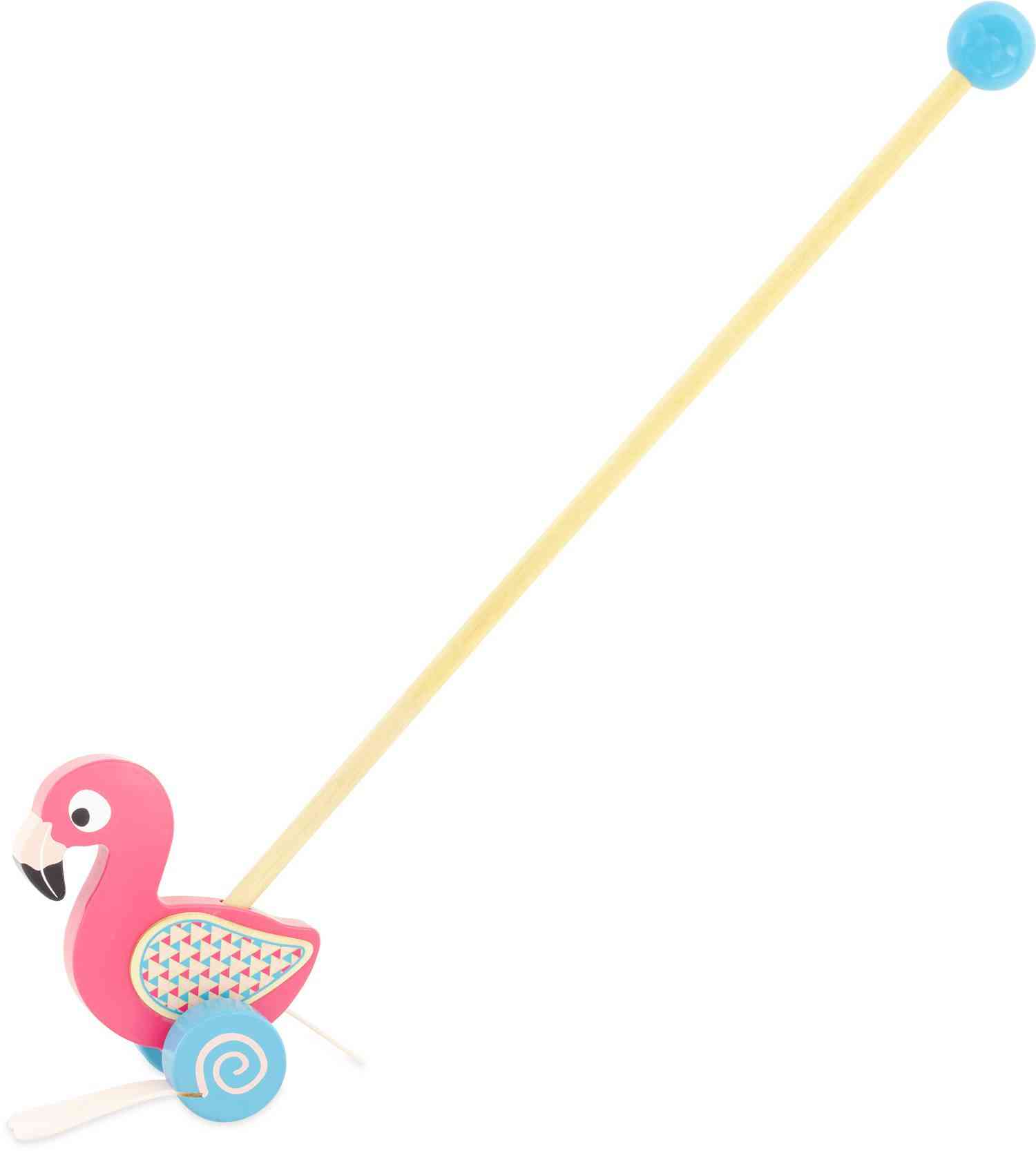 Das Ulysse Couleurs d'Enfance - Schiebetier rosa Flamingo ist ein farbenfrohes Schiebespielzeug von Ulysse Couleurs d'Enfance, das einen rosa Flamingo mit gemusterten Flügeln und blauen Rädern zeigt. Es verfügt über einen langen gelben Griff mit einem blauen Ball am Ende zum einfachen Schieben. Sein verspieltes und kinderfreundliches Design macht es ideal für Kinder, die Flamingos lieben.