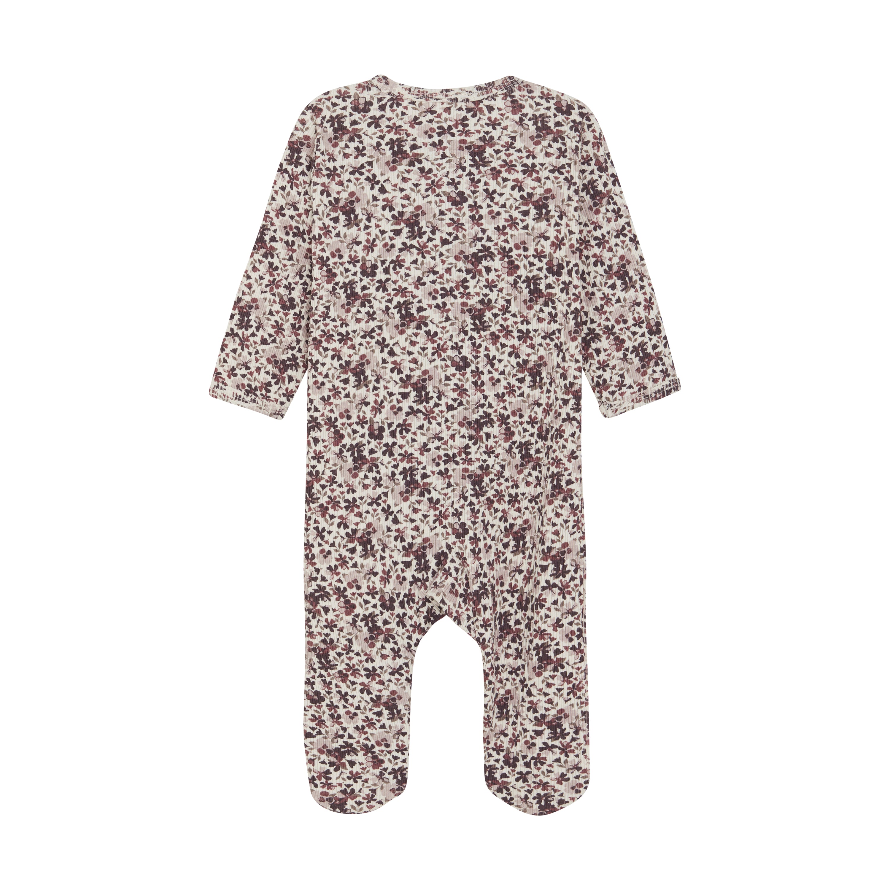 Dieser gemütliche Fixoni-Pyjama ist ein Baby-Strampler mit langen Ärmeln und bedeckten Füßen. Der Allover-Druck zeigt kleine rosa, kastanienbraune und grüne Blumen auf einem cremefarbenen Hintergrund. Der Strampler wird flach hingelegt und von hinten fotografiert.
