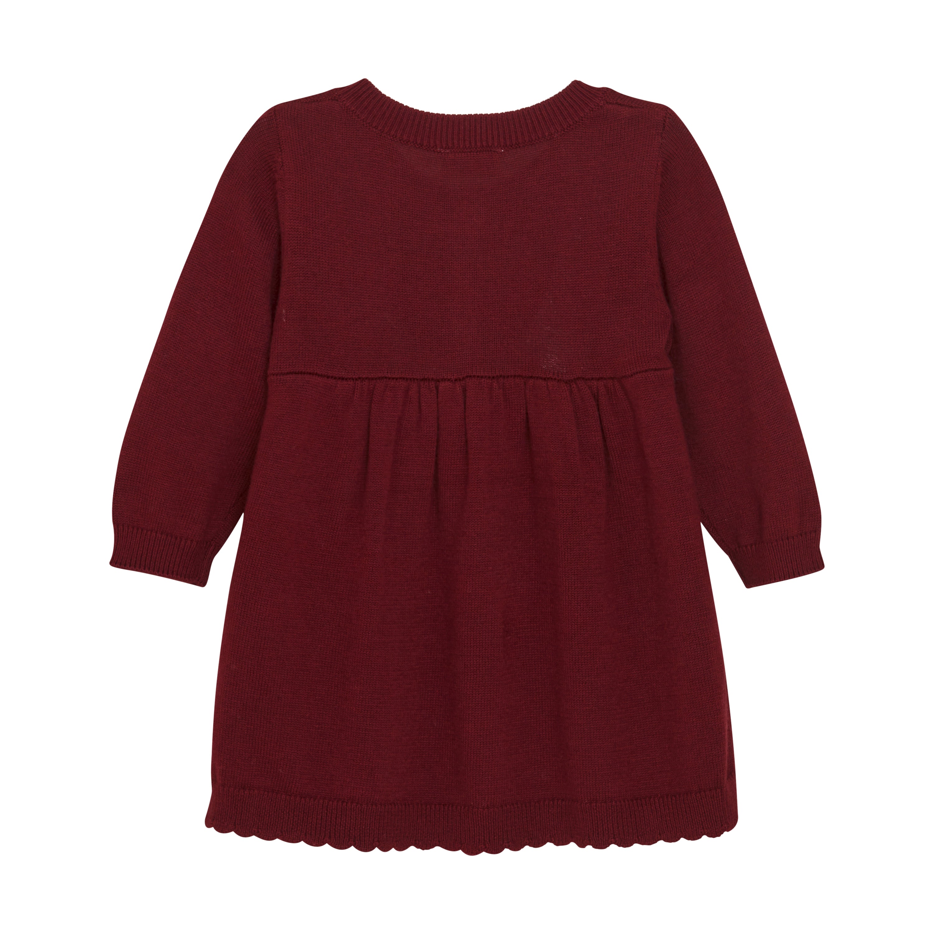 Ein gemütliches, burgunderfarbenes langärmliges „Fixoni - Kleid“ für Kinder von Fixoni, aus Strickstoff und nach OEKO-TEX® STANDARD 100 zertifiziert. Das Kleid hat einen runden Ausschnitt und eine geraffte Taille, die für eine leichte Weite sorgt. Gerippte Details an den Bündchen und am Saum verleihen dem schlichten Design Struktur.