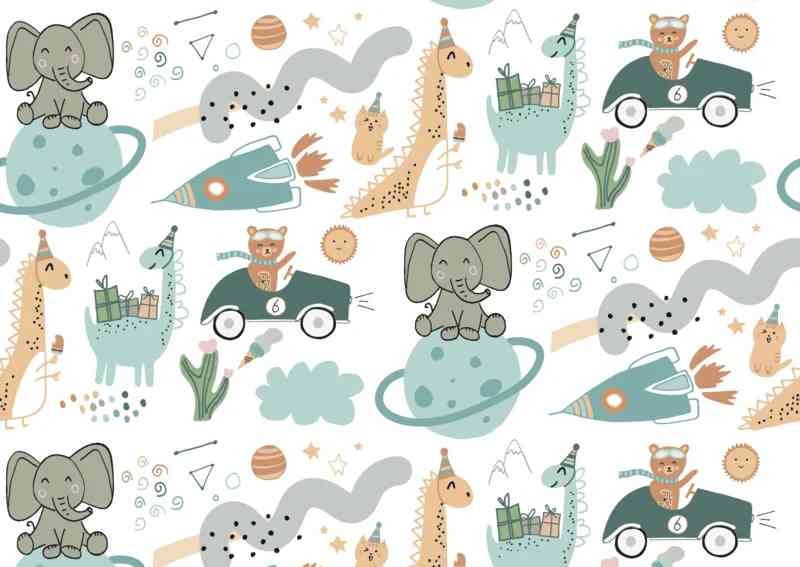 Ein skurriles Muster mit Comic-Tieren auf Abenteuer, perfekt für Nynke Ontwerpt – Geschenkpapier Kinder Elefant. Elefanten sitzen auf Planeten, Dinosaurier tragen Geschenke, Bären fahren Autos und schießen Raketen ab und Eulen sitzen auf Ästen. Der Hintergrund ist gefüllt mit Sternen, Bergen und Wolken in sanften Pastellfarben der Marke Nynke Ontwerpt.