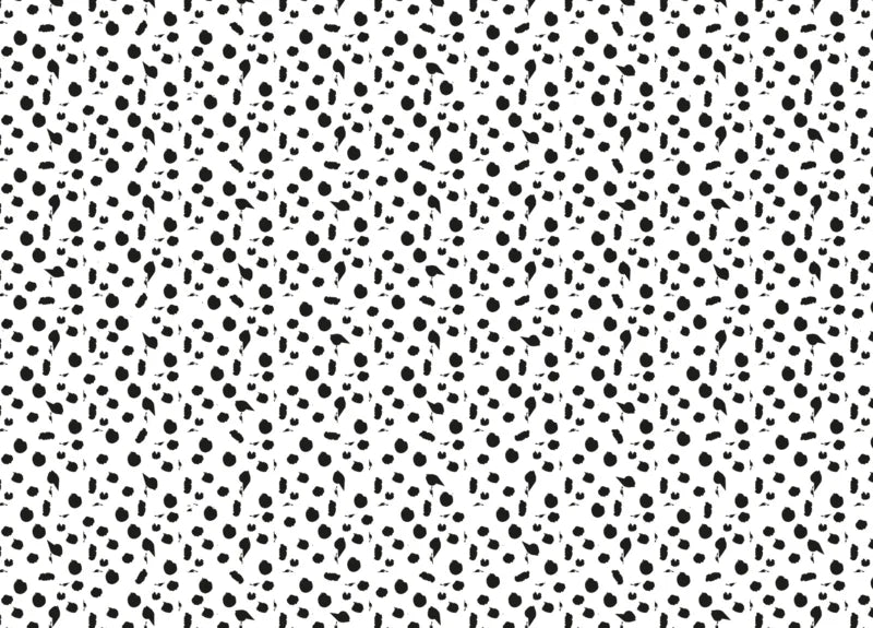 Ein nahtloses Muster mit unregelmäßigen schwarzen Punkten auf weißem Hintergrund, das an das Fell eines Dalmatiners erinnert. Die Punkte sind ungleichmäßig geformt und unterschiedlich groß, wodurch ein zufälliges, abstraktes Design entsteht, das perfekt für Nynke Ontwerpt ist – Geschenkpapier Punkte von Nynke Ontwerpt.