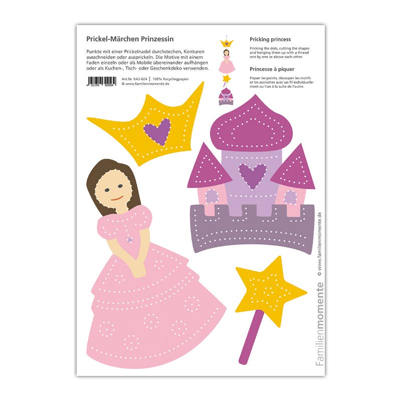 Ein Bastelbogen mit dem Titel „Familienmomente – Bastelbogen Prickel-Märchen Prinzessin“, auf dem eine Prinzessin in einem rosa Kleid, eine Krone, ein lila-rosa Schloss und ein Zauberstab abgebildet sind. Jeder Gegenstand ist mit gepunkteten Linien umrandet, um die Hand-Auge-Koordination zu verbessern, wenn Kinder Formen stechen oder ausstanzen. Anleitungen sind auf Deutsch und Französisch verfügbar.