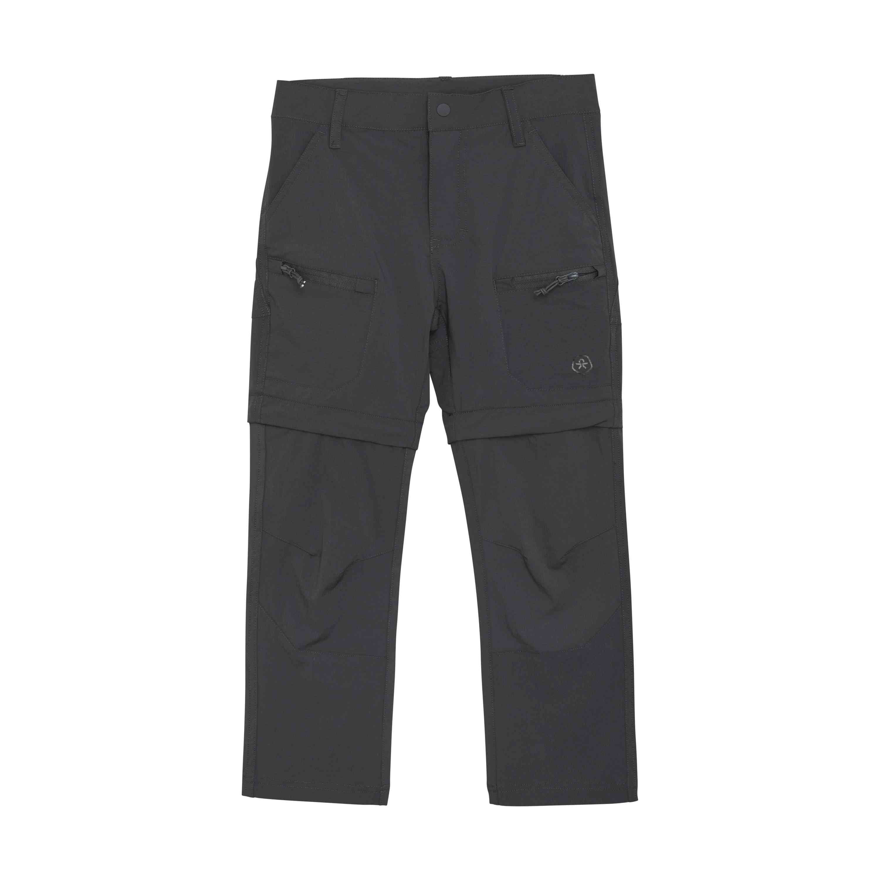 Eine dunkelgraue, abzippbare Hose mit Reißverschlusstaschen an den Oberschenkeln. Die Color Kids - Pants Stretch W. Zip Off, perfekt für alle, die kurze Kinderhosen kaufen möchten, hat Gürtelschlaufen, einen Knopf- und Reißverschluss und kann durch Öffnen des Reißverschlusses an den Unterschenkeln in Shorts umgewandelt werden.