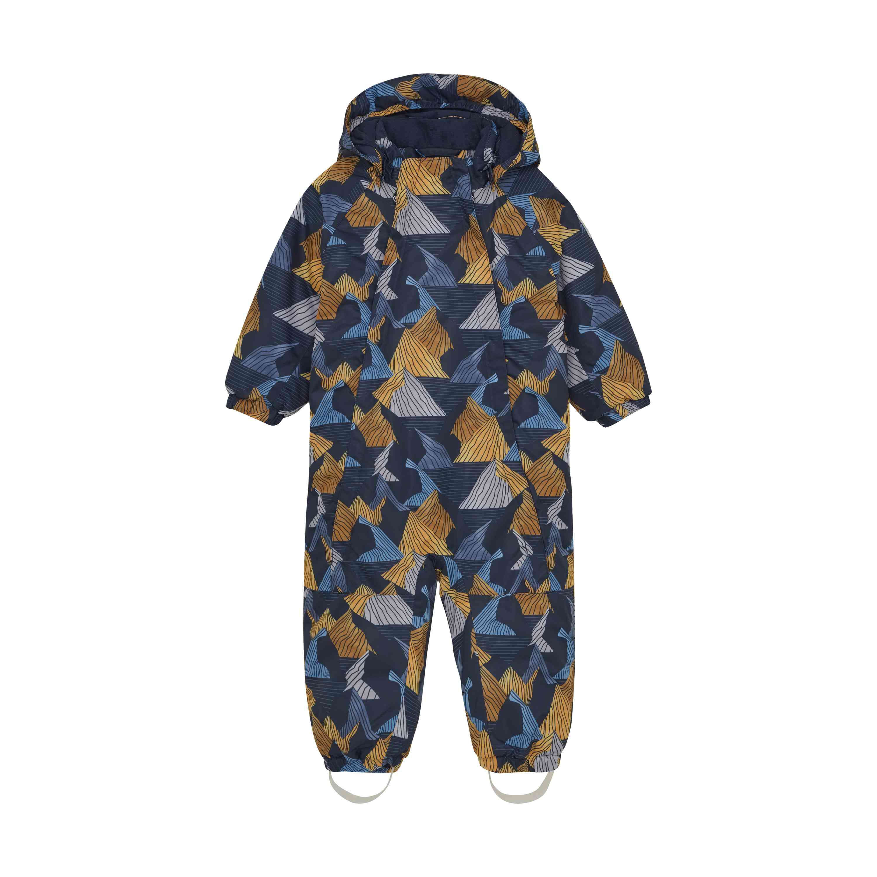 Der Color Kids - Overall W. 2 ZIP- AOP ist ein einteiliger Schneeanzug mit Kapuze für Kinder, entworfen von Color Kids. Er weist ein geometrisches Muster in Blau-, Gelb- und Weisstönen auf. Der Anzug hat lange Ärmel, lange Beine mit elastischen Bündchen und verstellbare Steigbügel an der Unterseite.