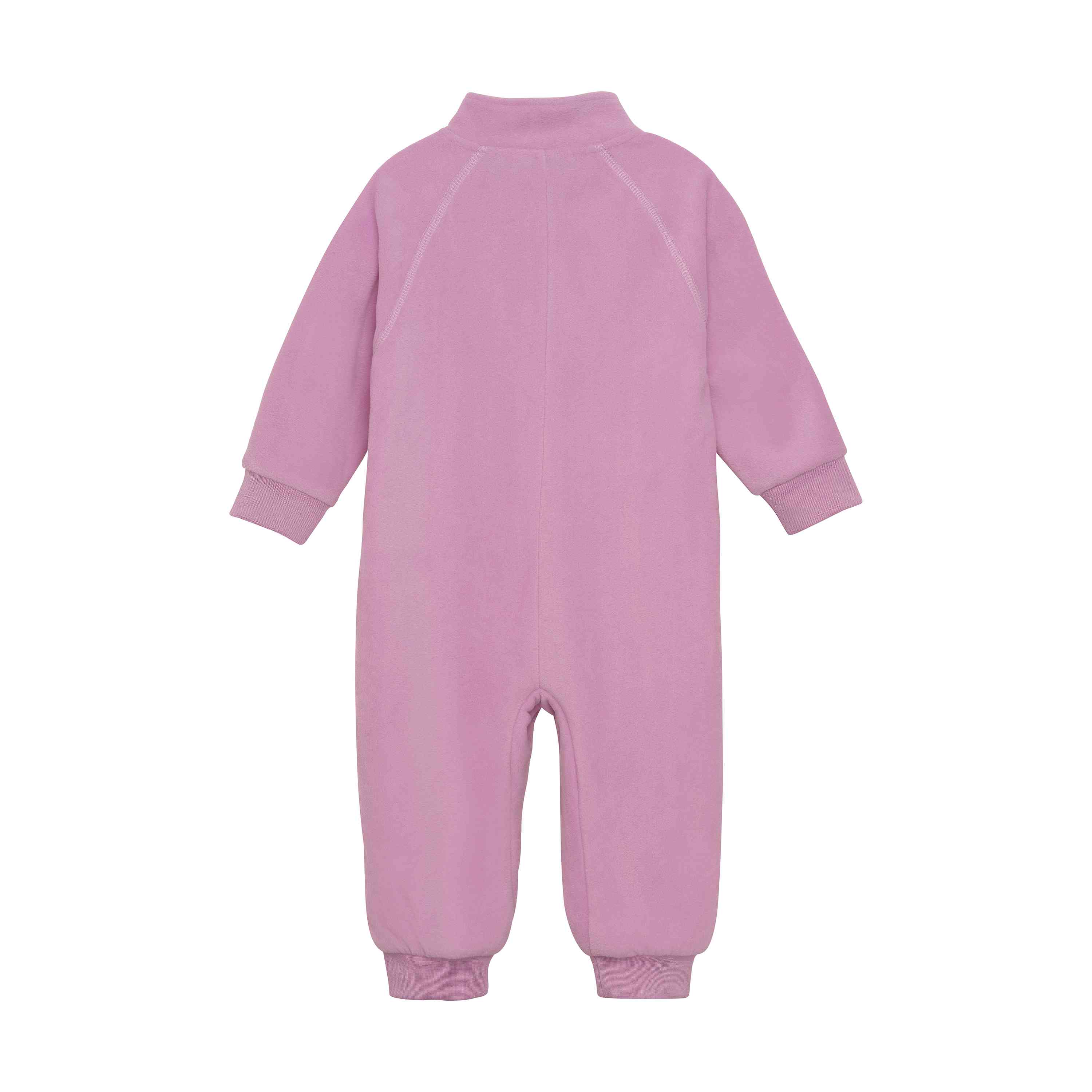 Der Color Kids - Baby Fleece-Anzug, von hinten abgebildet, hat einen hohen Kragen und gerippte Bündchen an den Handgelenken und Knöcheln. Der rosafarbene, langärmelige Einteiler ist aus weichem und kuscheligem Material gefertigt, das Ihr Baby warm hält.