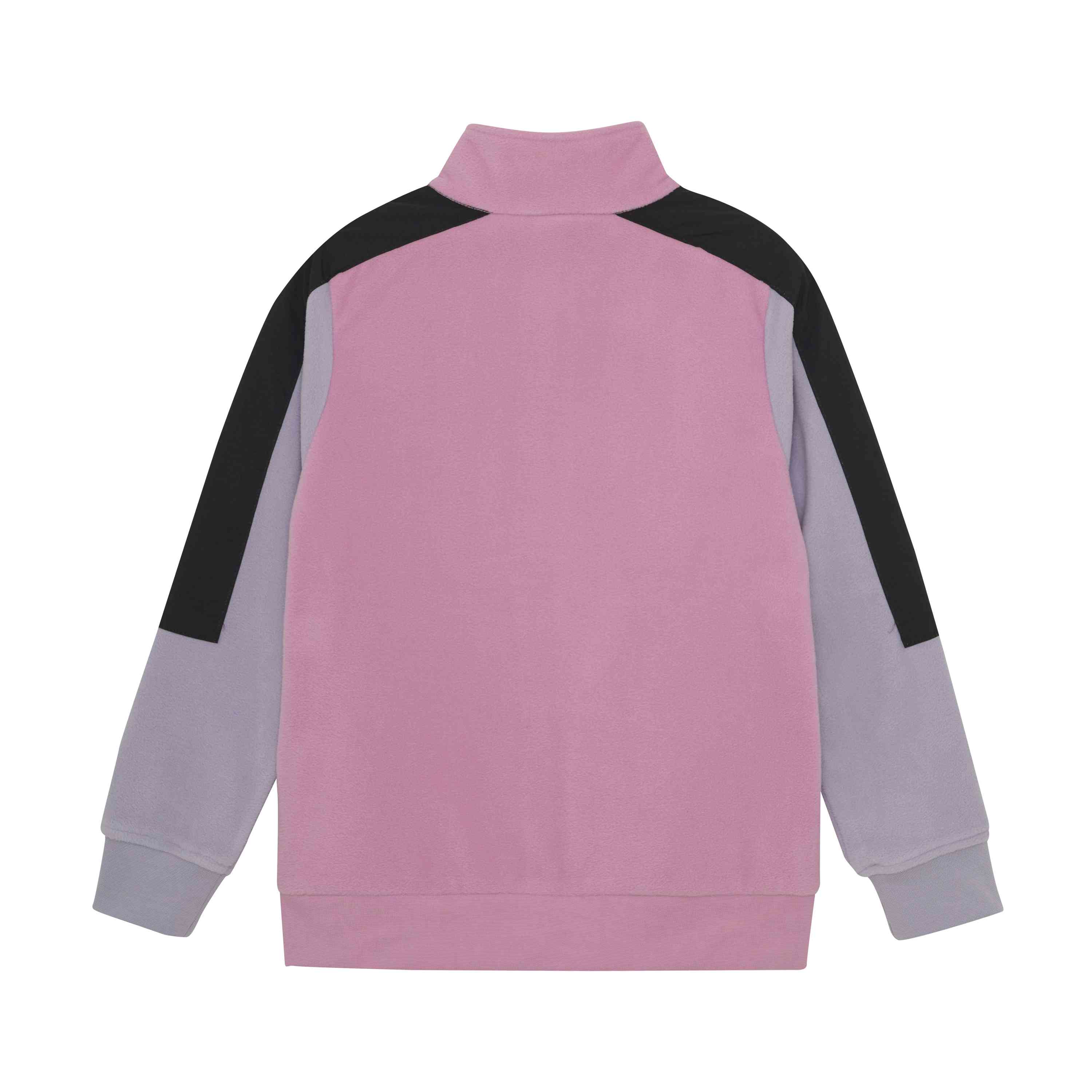 Eine Rückansicht der Color Kids - Fleecejacke - Colorblock von Color Kids, mit hohem Kragen. Die Jacke hat einen rosa Oberkörper, hellgraue Ärmel und schwarze Schultereinsätze, die bis zur Hälfte der Ärmel reichen. Das Material scheint weich und bequem zu sein.