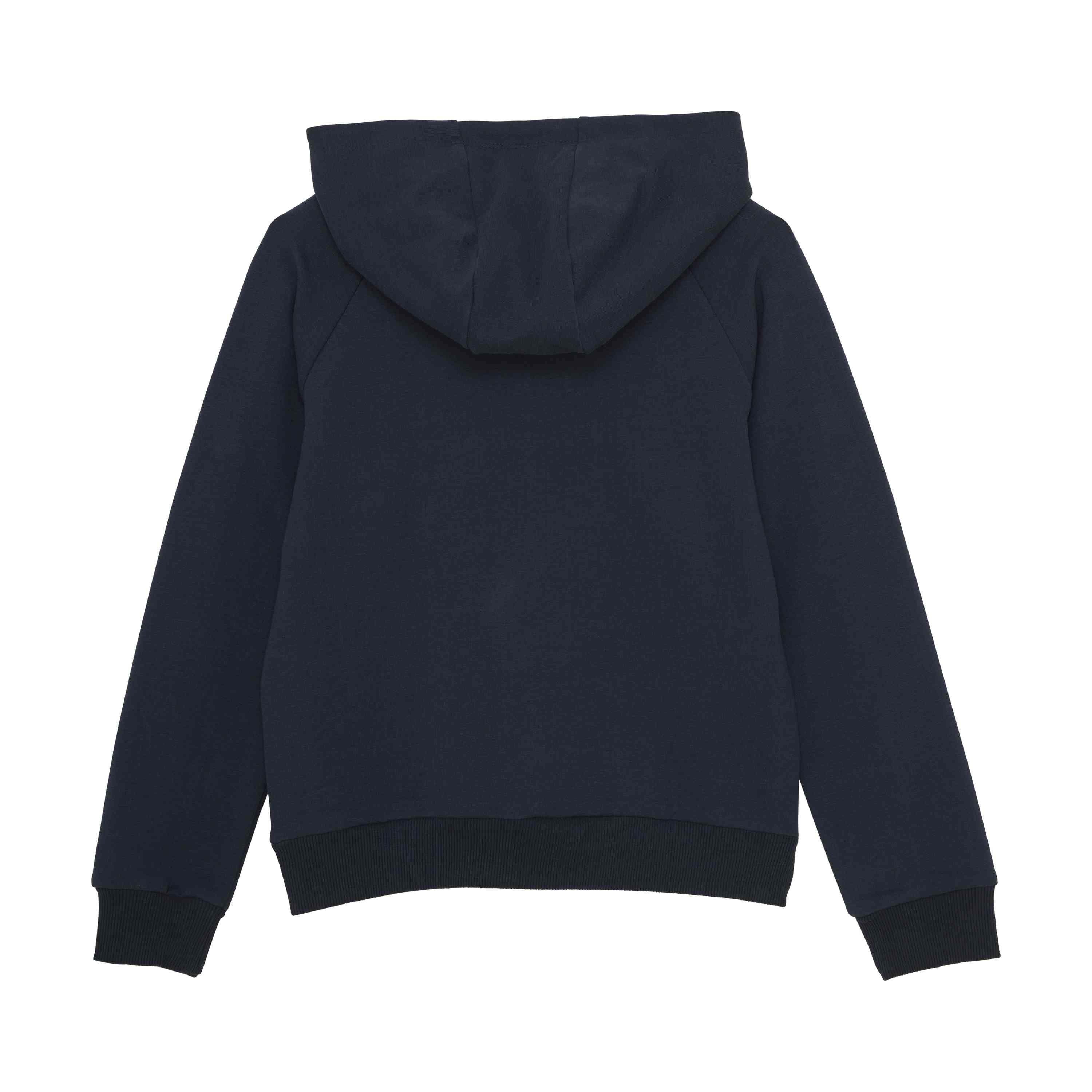 Der Color Kids - Pullover, ein schlichter, marineblauer Kapuzenpullover, ist von hinten abgebildet. Er verfügt über eine Kapuze, lange Ärmel, gerippte Bündchen und einen gerippten Hüftbund. Die Beschreibung lässt vermuten, dass der Stoff weich und bequem aussieht, was ihn ideal für die Freizeit macht.