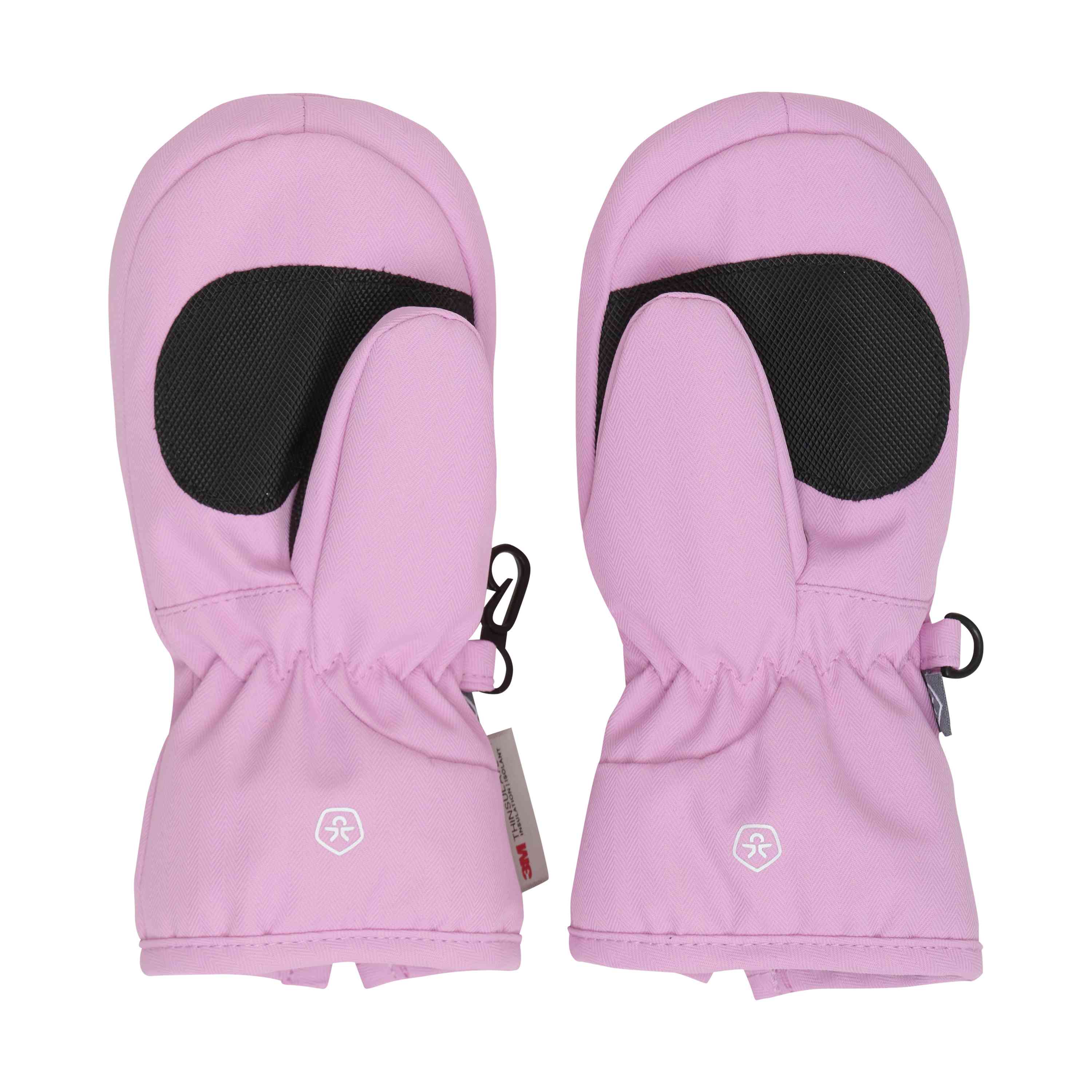 Die Color Kids - Handschuhe W. Zipper sind rosa Kinderfäustlinge mit schwarzer Verstärkung an Handfläche und Daumen. Diese aus recyceltem Material gefertigten Fäustlinge haben ein gerafftes Handgelenk, eine kleine Schlaufe zum Aufhängen oder Befestigen und ein Markenetikett mit dem Color Kids-Logo.