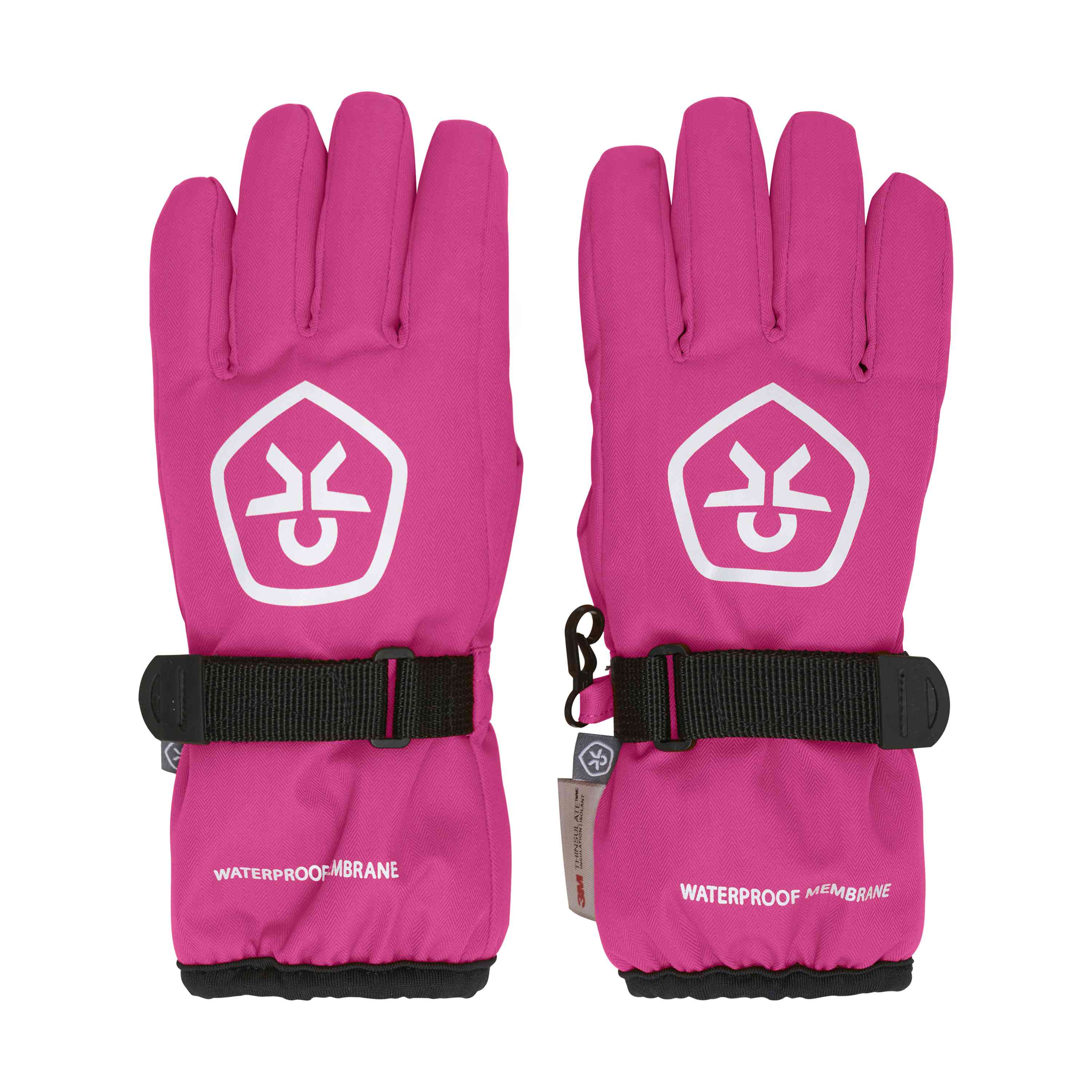 Leuchtend rosa wasserdichte Handschuhe von Color Kids mit einem weissen Emblem-Logo auf der Rückseite. Sie haben verstellbare schwarze Riemen um die Handgelenke für einen sicheren Sitz und schwarze Details an den Manschetten. Die Worte „Wasserdicht Handschuhe“ sind in weisser Nähe der Handgelenke aufgedruckt.