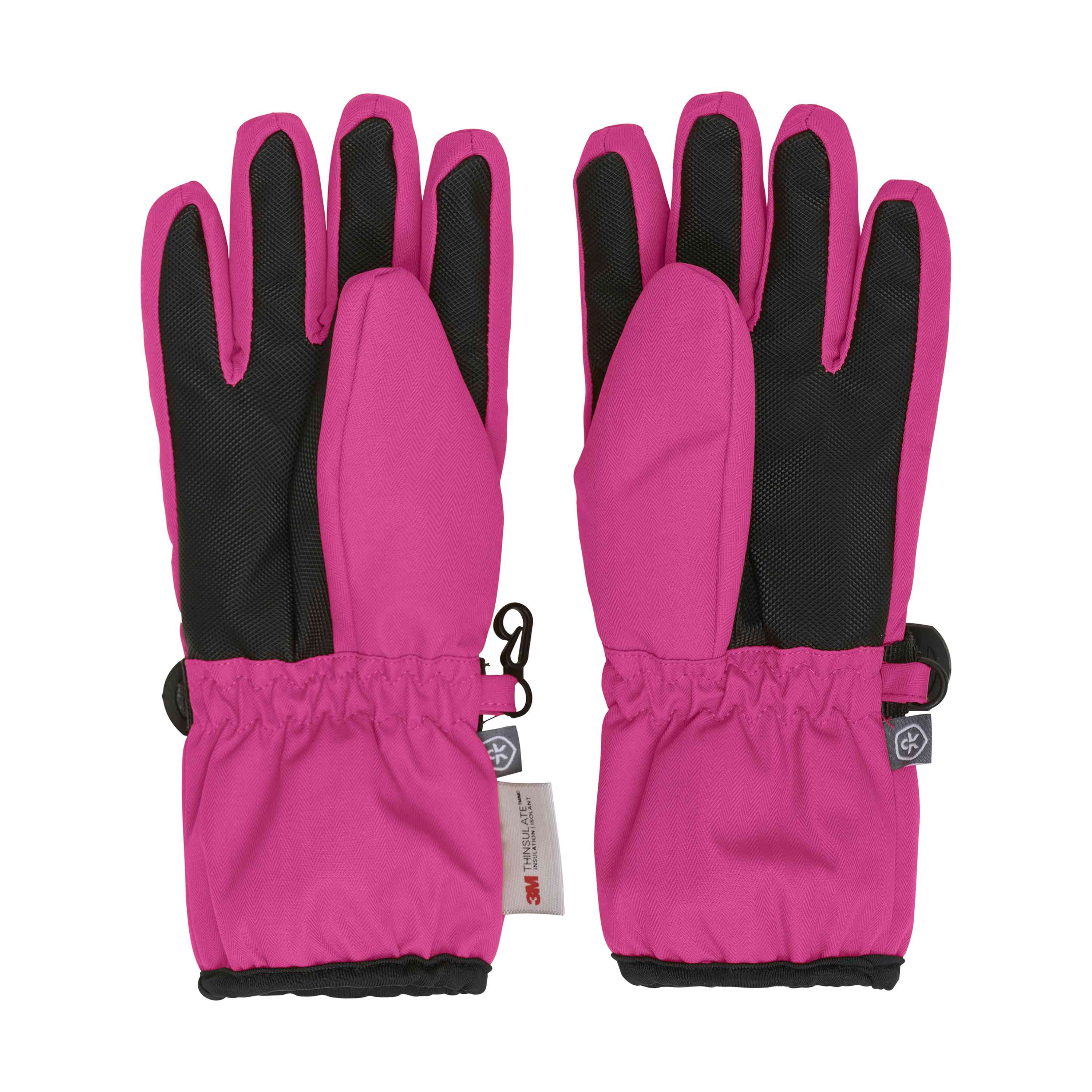 Ein Paar Color Kids - Handschuhe - Wasserdicht in leuchtendem Pink mit schwarzen Handflächen und Fingern. Die Handschuhe haben elastische Bündchen und einen kleinen Clip zum Zusammenhalten. Ein Handschuh verfügt über ein Etikett mit dem 3M-Logo und weiteren Informationen. Diese atmungsaktiven, wasserdichten Handschuhe von Color Kids sind flach liegend abgebildet, Handfläche nach oben.