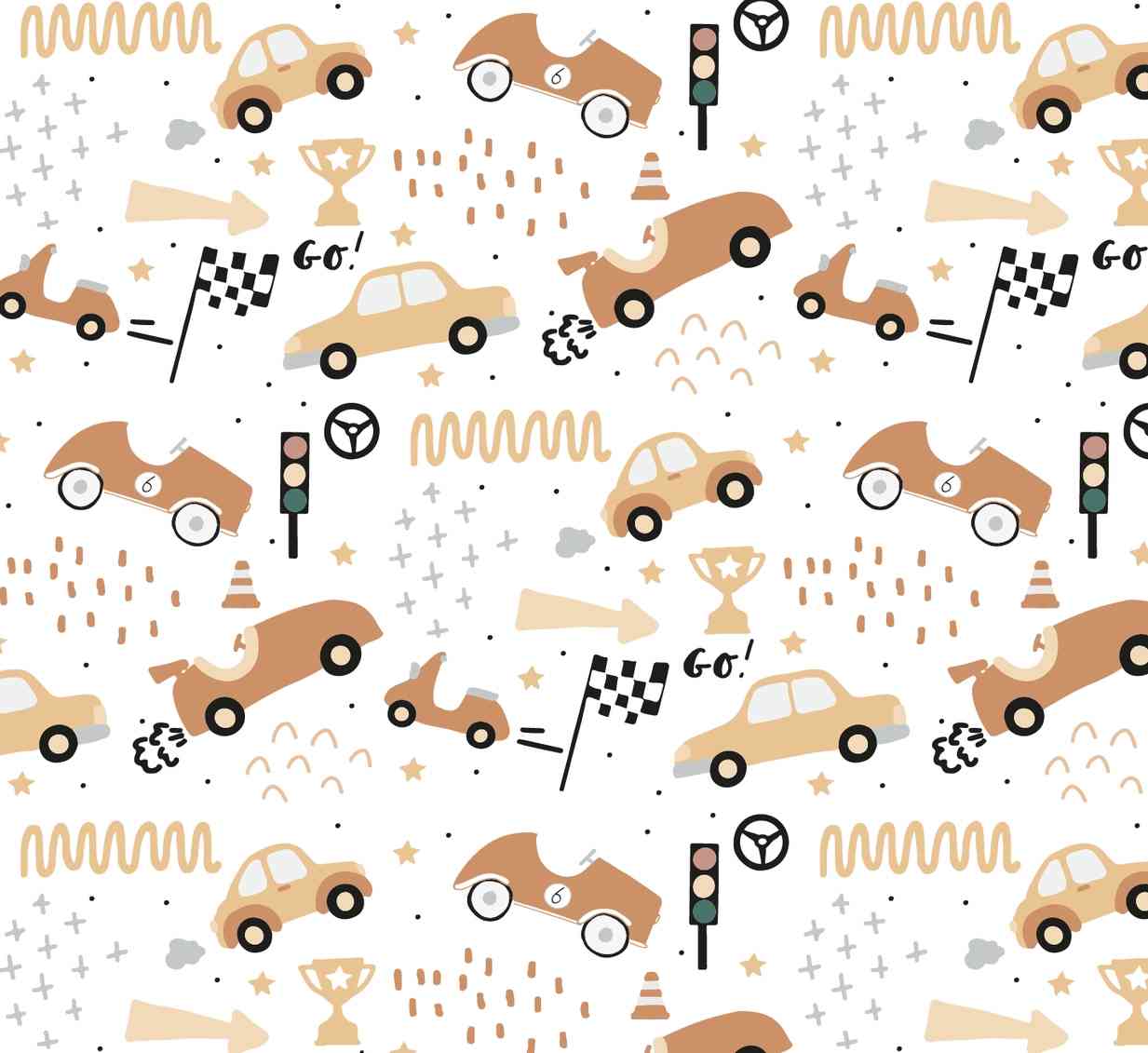 Ein verspieltes Muster zeigt verschiedene Autos, Ampeln, Zielflaggen, Trophäen und den Text „Los!“ auf weißem Hintergrund. Dieses Design „Nynke Ontwerpt – Geschenkpapier Autos“ von Nynke Ontwerpt besteht aus Beige-, Braun- und Schwarztönen und erinnert mit Elementen wie Zickzacklinien und Kegeln an ein Rennthema.