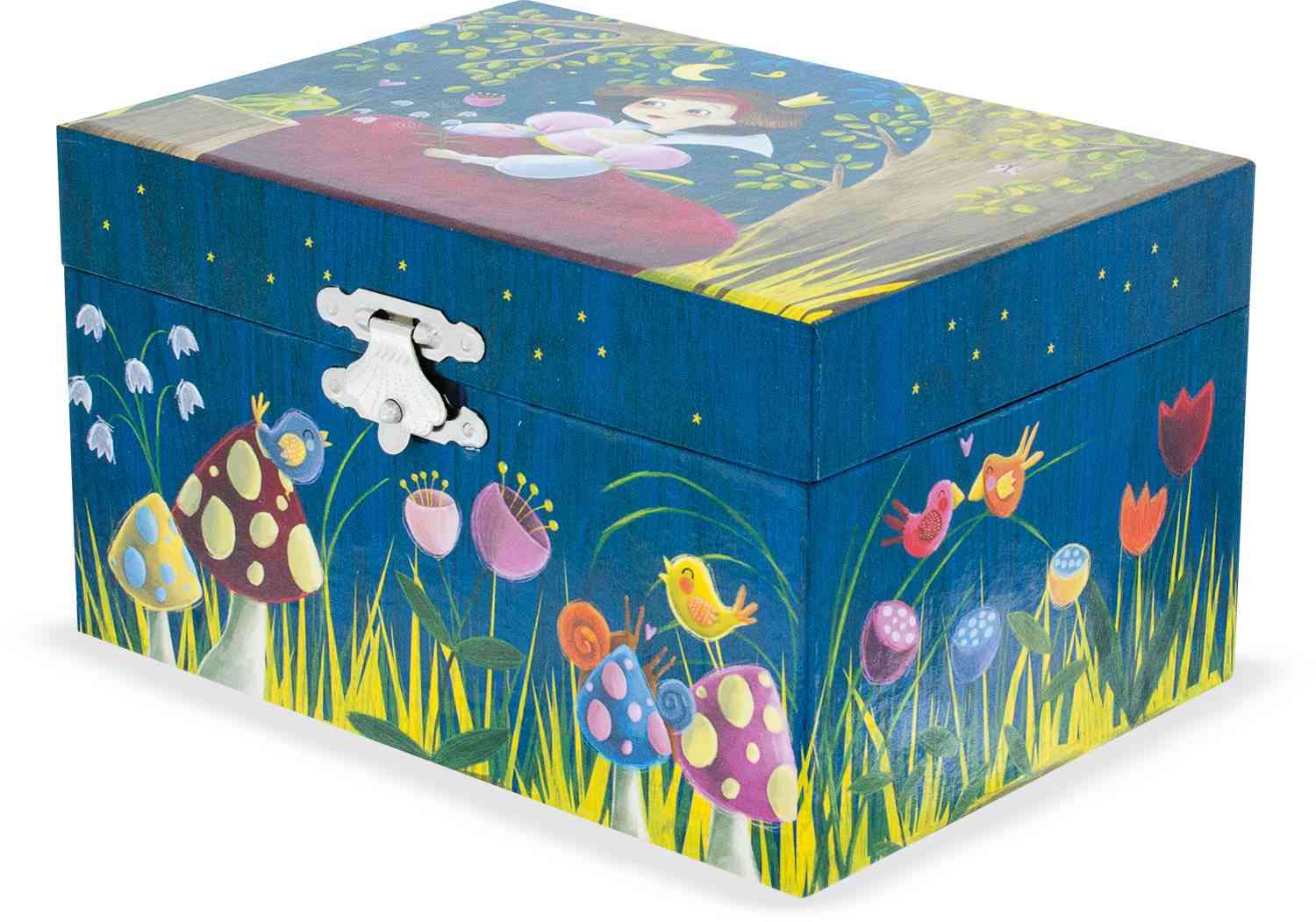 Eine farbenfrohe, rechteckige Holzbox mit skurrilem Design, perfekt als bestes Spielzeug für 4-Jährige. Der Deckel zeigt eine Märchenszene mit einem Kind in einem Wald. Die Seiten sind mit leuchtenden Blumen, Pilzen und Vögeln geschmückt. Auf der Vorderseite ist ein weißer Verschluss sichtbar, um die Ulysse Couleurs d'Enfance - Musiktruhe Frosch von Ulysse Couleurs d'Enfance zu sichern.