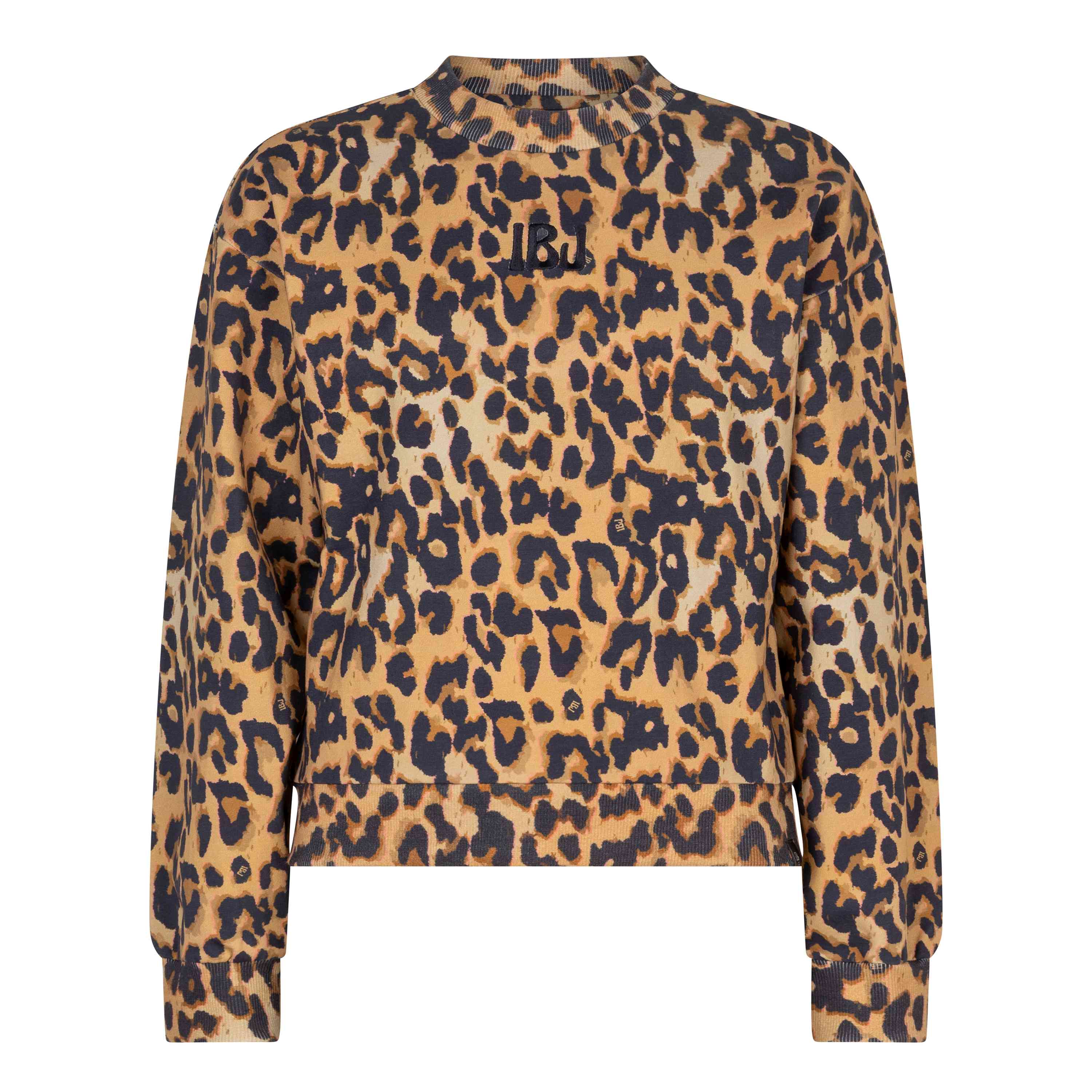 Der Indian Blue Jeans - Pullover Leopard von Indian Blue Jeans ist ein langärmliges Sweatshirt mit Leopardenmuster. Das Muster zeigt schwarze und braune Flecken auf einem gelben und hellbraunen Hintergrund. Es verfügt über gerippte Bündchen, einen gerippten Saum und einen gerippten Rundhalsausschnitt für zusätzlichen Komfort.