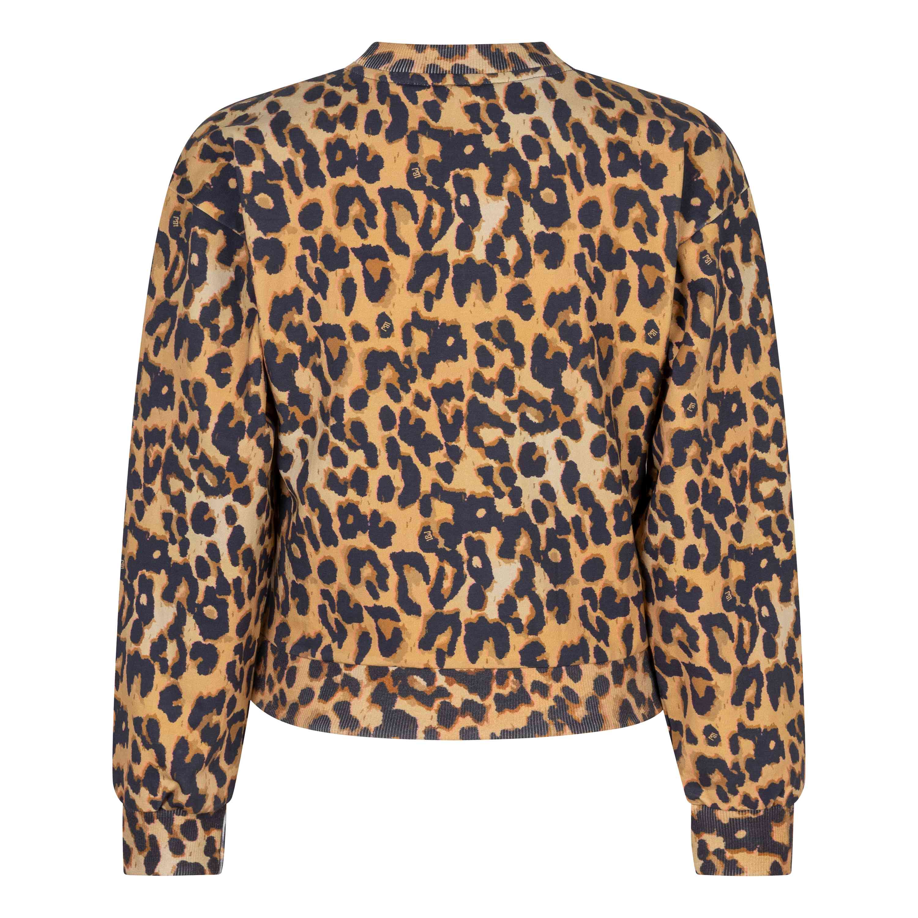 Ein langärmliger Pullover mit Rundhalsausschnitt namens „Indian Blue Jeans – Pullover Leopard“, entworfen von Indian Blue Jeans, mit einem Leopardenmuster in verschiedenen Braun-, Hellbraun- und Schwarztönen. Die Beschreibung folgt: Das Bild zeigt eine Rückansicht des Pullovers.