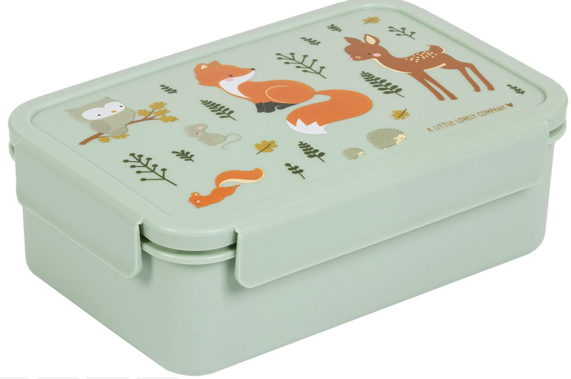 Grüne Kinder-Lunchbox mit Waldtier-Design, zeigt Fuchs, Reh, Eule und Eichhörnchen. Ideal für Schule oder Kindergarten.