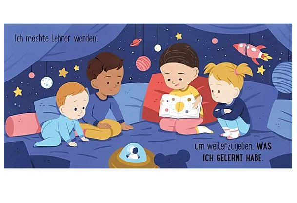 Eine Illustration von unterschiedlichen Kindern, die zusammen unter einer Deckenburg auf dem Boden sitzen und „Berufe sind für alle da!“ von „nila kids“ lesen. Der deutsche Text lautet: „Ich möchte Lehrer werden, um weiterzugeben, was ich gelernt habe“, was übersetzt bedeutet: „Ich möchte Lehrer werden, um weiterzugeben, was ich gelernt habe.“ Der Hintergrund betont die Vielfalt mit Sternen, Planeten und einer Rakete.