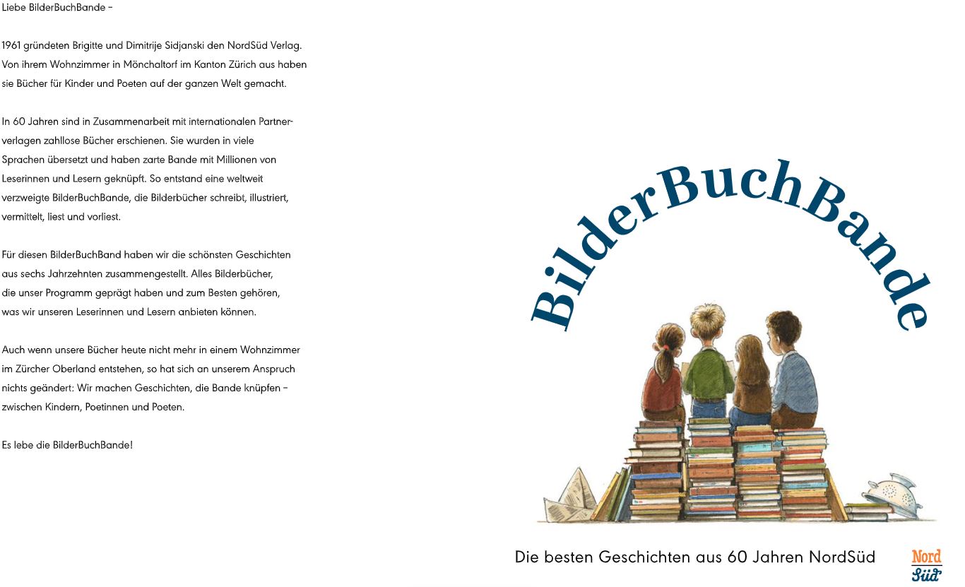 Ein offenes Buch mit Abbildungen von Menschen und einem Boot auf der linken Seite, einem blauen Titel „Bilderbuchbande“ in der Mitte und einem deutschen Text auf beiden Seiten, der die 60-jährige Geschichte von nila kids beschreibt. In der unteren rechten Ecke befindet sich das Logo von NorthSouth Books.