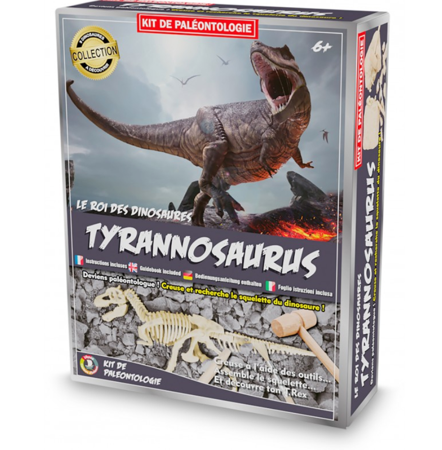 Eine bunte Schachtel mit einem Paläontologie-Set mit dem Titel „Ulysse Couleurs d'Enfance - Entdeckungsspielzeug: Dinosaurier“. Auf dem Cover ist ein brüllender T-Rex abgebildet, umgeben von einer felsigen Landschaft, einem Dinosaurierskelett-Modell und mitgelieferten Ausgrabungswerkzeugen. Das Set ist für Kinder ab 6 Jahren geeignet.