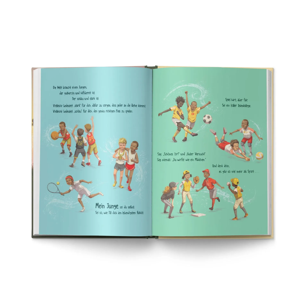 Ein offenes Buch mit zwei illustrierten Seiten, auf denen Jungs verschiedene Sportarten ausüben. Auf der linken Seite sind Kinder beim Tennis- und Basketballspielen zu sehen. Auf der rechten Seite sind Kinder beim Fußball- und Volleyballspielen abgebildet, um ihr Selbstbewusstsein zu stärken. Der Text ist auf Deutsch verfasst.

Produkt: **Ein Junge wie du von nila kids**