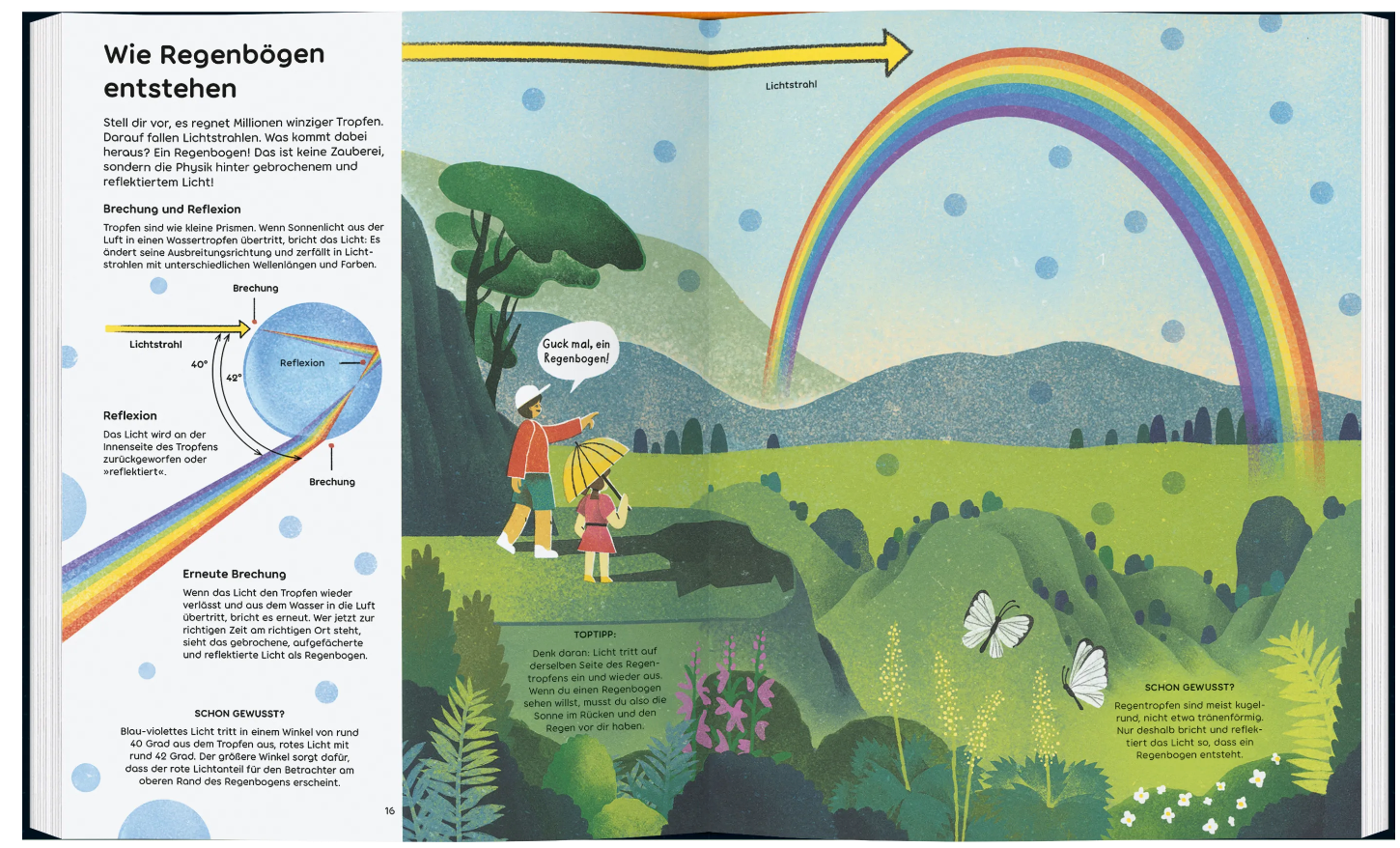 Eine illustrierte Buchseite erklärt, wie Regenbögen entstehen. Sie zeigt ein Kind mit einem Erwachsenen, der auf einen Regenbogen in einer üppigen, bergigen Landschaft zeigt. Eine andere Illustration zeigt die Lichtbrechung durch einen Tropfen. Text und Diagramme erläutern die Wissenschaft hinter Regenbögen anhand von Regenbogen von Nila Kids.