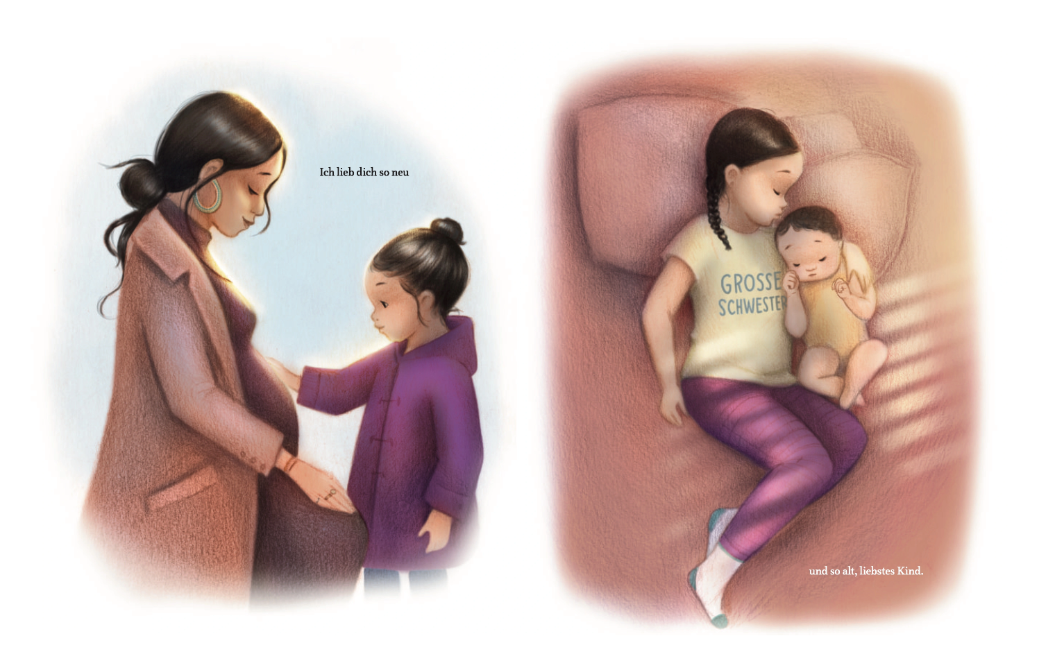 Illustration einer Mutter und ihrer Tochter. Links berührt die Tochter den schwangeren Bauch ihrer Mutter, mit dem Text „Ich liebe dich so sehr.“ Rechts liegt die Tochter im Bett und hält ihr Geschwisterchen im Arm. Auf dem Bild steht: „Und ich, dich, kleines Kind.“ Eine berührende Darstellung der Eltern-Kind-Beziehung in einem Bilderbuch von nila kids mit dem Titel „Wie ich dich liebe“.