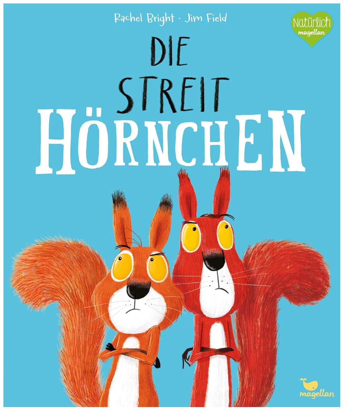 Das Cover eines deutschen Kinderbuchs mit dem Titel „Die Streithörnchen“ von Rachel Bright und Jim Field zeigt zwei illustrierte Eichhörnchen mit verschränkten Armen und mürrischem Gesichtsausdruck vor blauem Hintergrund. Diese skurrile Geschichte handelt von Eichhörnchen Lenni in seinem wahnwitzigen Wettstreit, mit dem Nila Kids-Logo in der unteren rechten Ecke.