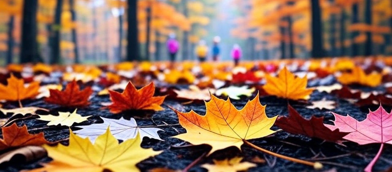 Herbstlandschaft mit farbigen Blättern und Kindern im Hintergrund